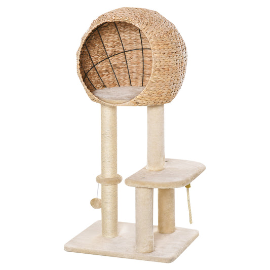 Modern Cat Tree, Multi-Level Cat Tower with Sisal Scratching Post Condo and Hanging Rope 39" H, Beige