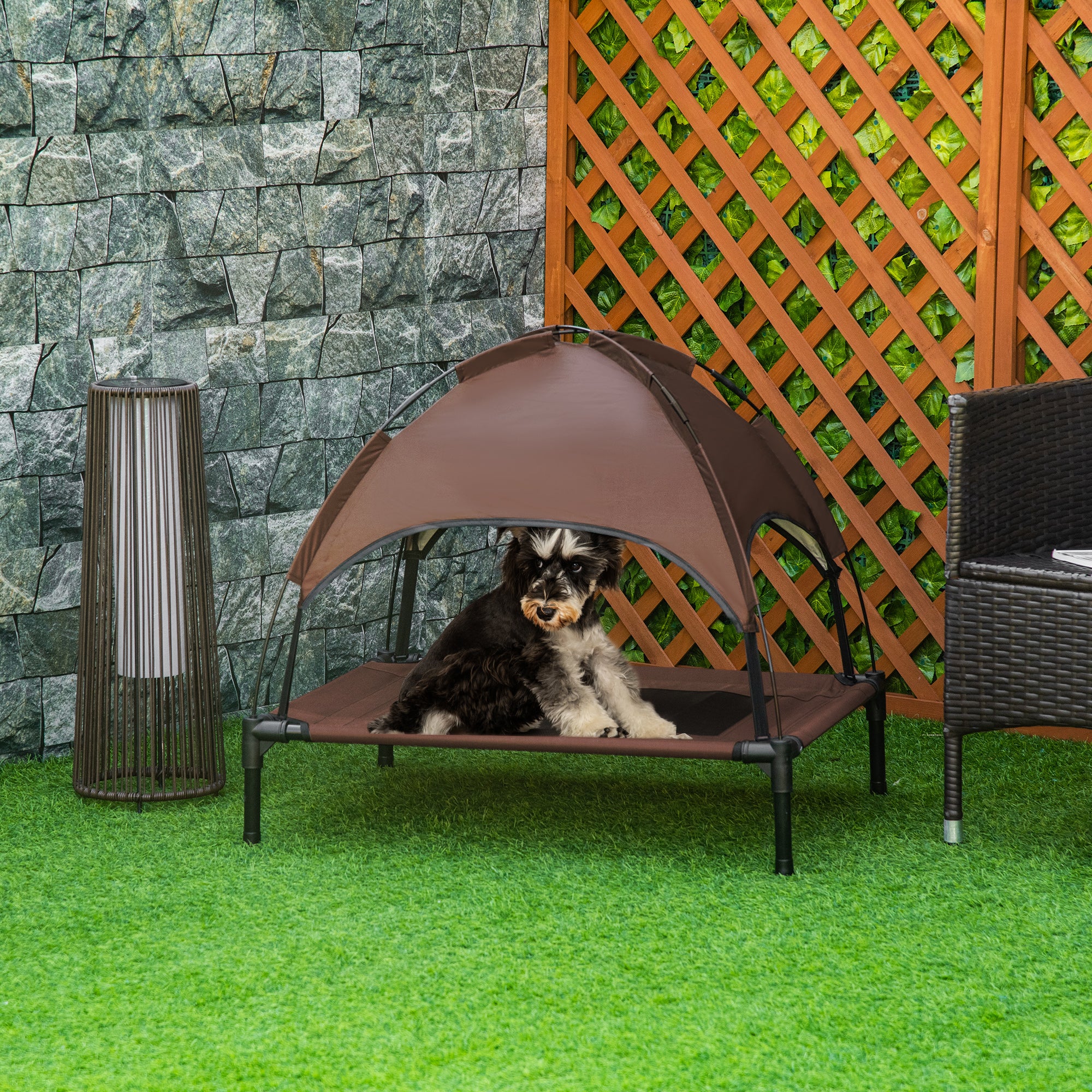 Elevated Dog Bed with Canopy, Portable Raised Dog Cot for M Sized Dogs, Indoor & Outdoor, 30" x 24" x 29", Coffee