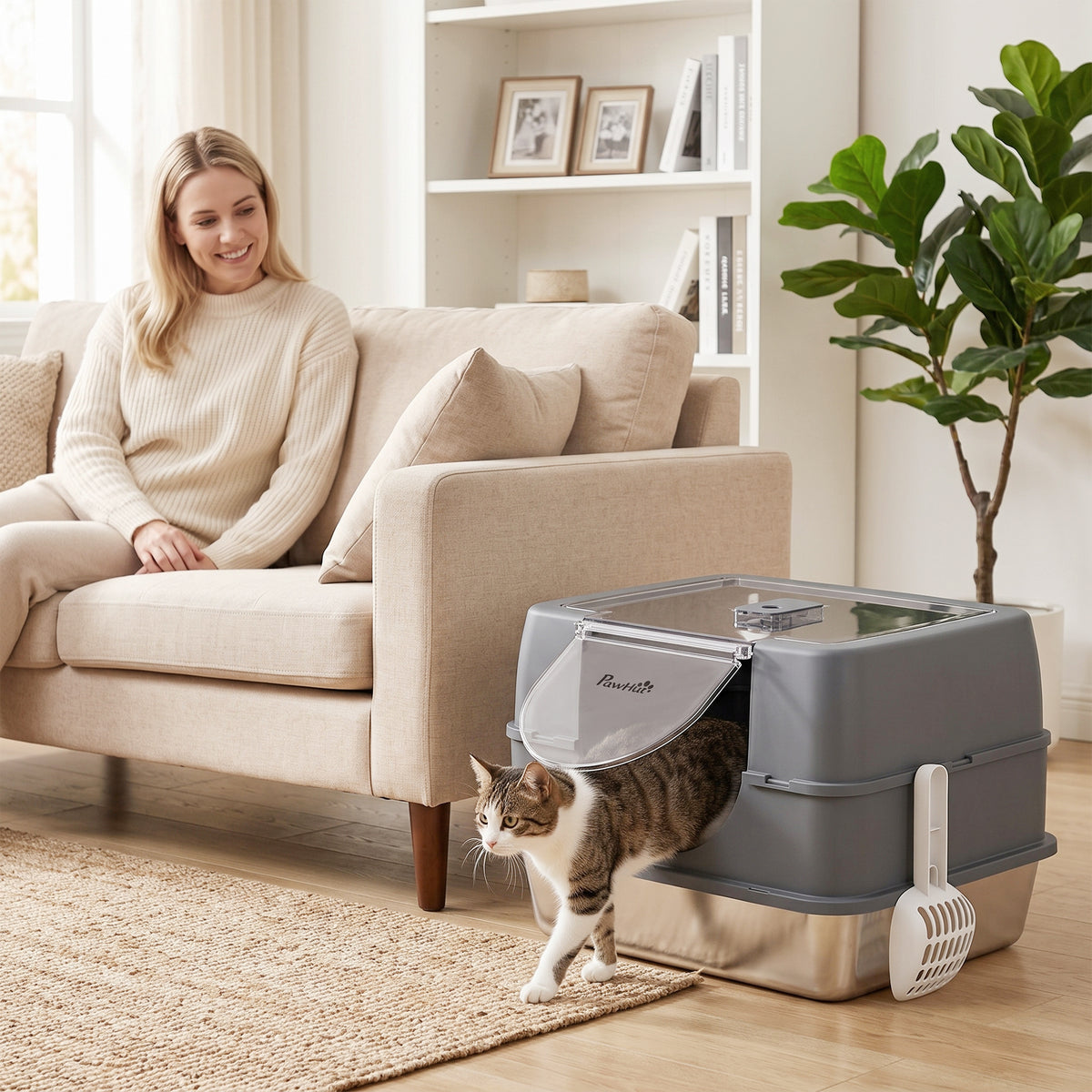 Stainless Steel Cat Litter Box with Lid, High Sided Enclosed Litter Box with Removable Lid, Tray, Scoop, Easy to Clean, Odor Control, Anti-Leakage, Grey