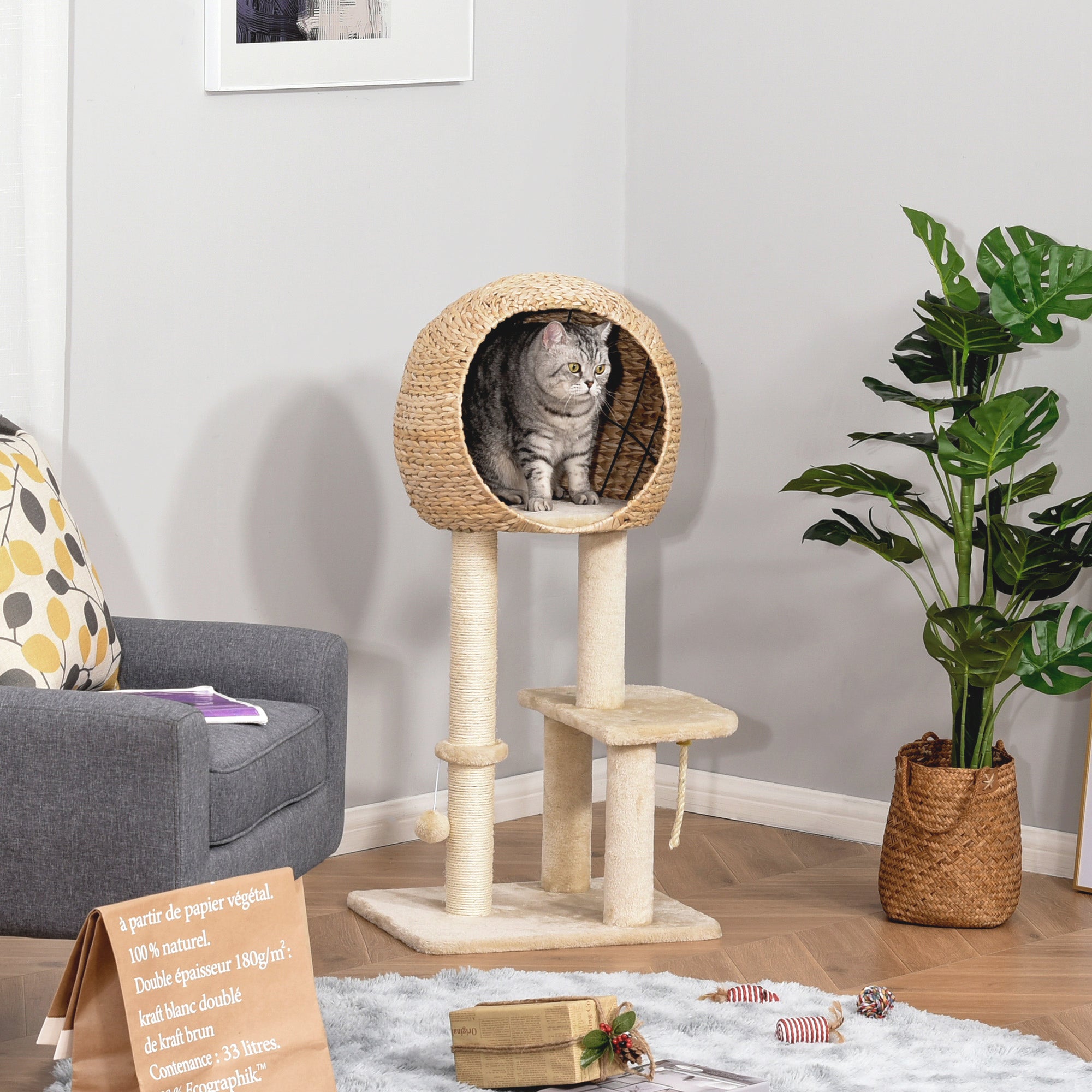 Modern Cat Tree, Multi-Level Cat Tower with Sisal Scratching Post Condo and Hanging Rope 39" H, Beige