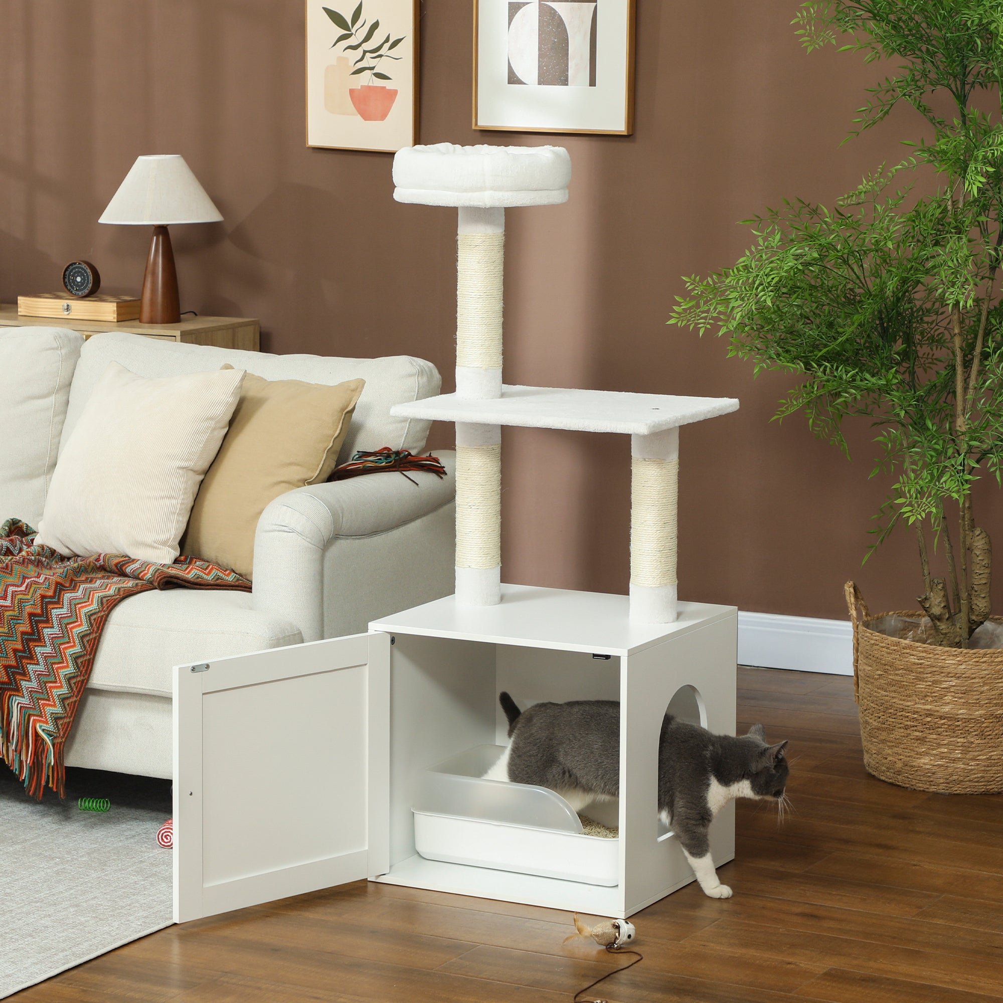 Cat Tree with Litter Box Enclosure, Hidden Cat Tower with Sisal Covered Scratching Posts, Large Platform, Bed, Modern Furniture for Indoor Kittens, White