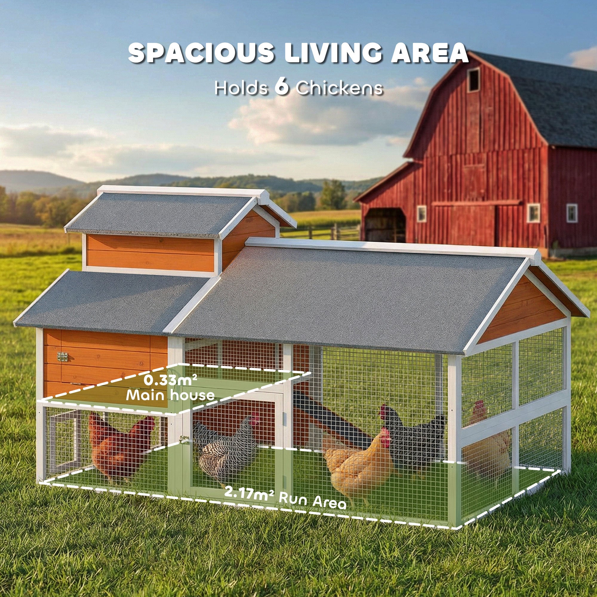 79"L Chicken Coop for 6 Chickens, Outdoor Wooden Hen House Poultry Cage with Run, 2 Nesting Boxes, Slide-Out Tray, Waterproof Asphalt Roof, Sliding Rod Door and Roosting Bar, Orange