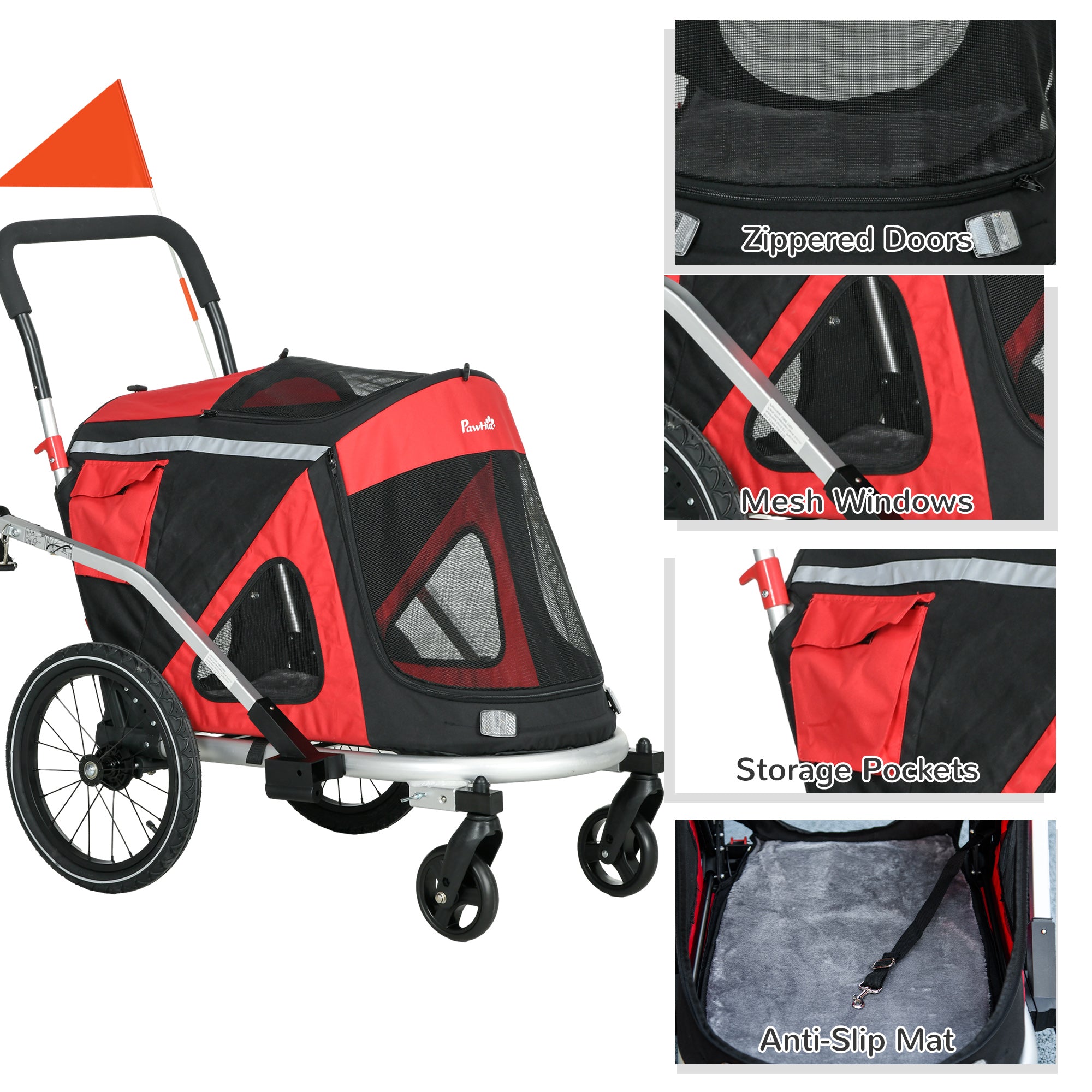 Aosom 2 in 1 Bike Trailer, Foldable Dog Bike Stroller with Aluminum Frame, Quick Release Wheels, Safety Leash, Anti-Slip Mat, Hitch Coupler, Reflectors, Flag for Medium Dogs, Red