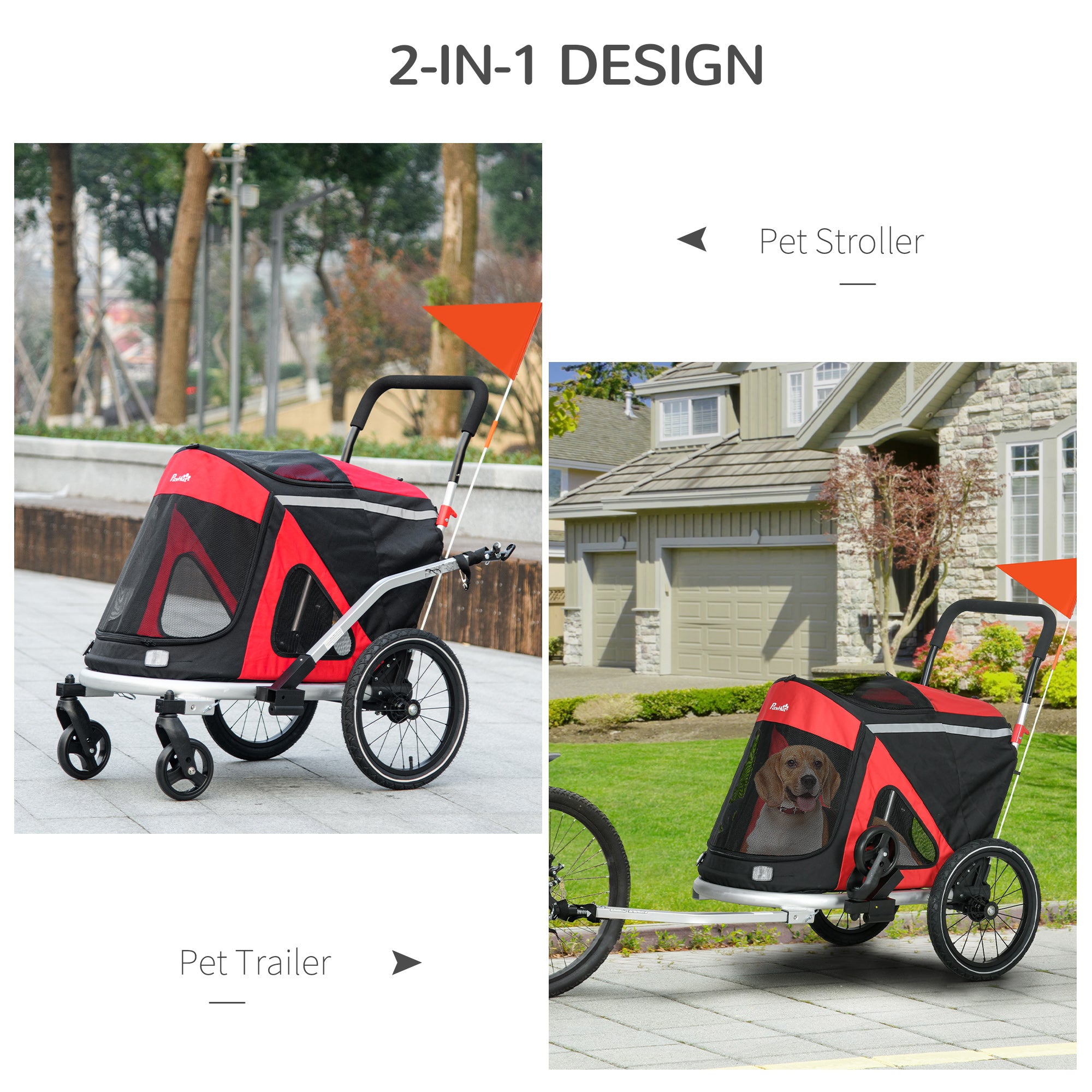 Aosom 2 in 1 Bike Trailer, Foldable Dog Bike Stroller with Aluminum Frame, Quick Release Wheels, Safety Leash, Anti-Slip Mat, Hitch Coupler, Reflectors, Flag for Medium Dogs, Red