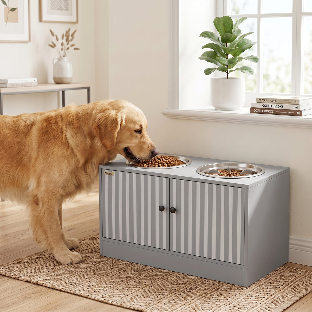 Elevated Dog Bowls with Storage Cabinet, Raised Dog Bowl Stand, Pet Feeding Station with Slow Feeder & Non-Slip, for Large Pets, Gray