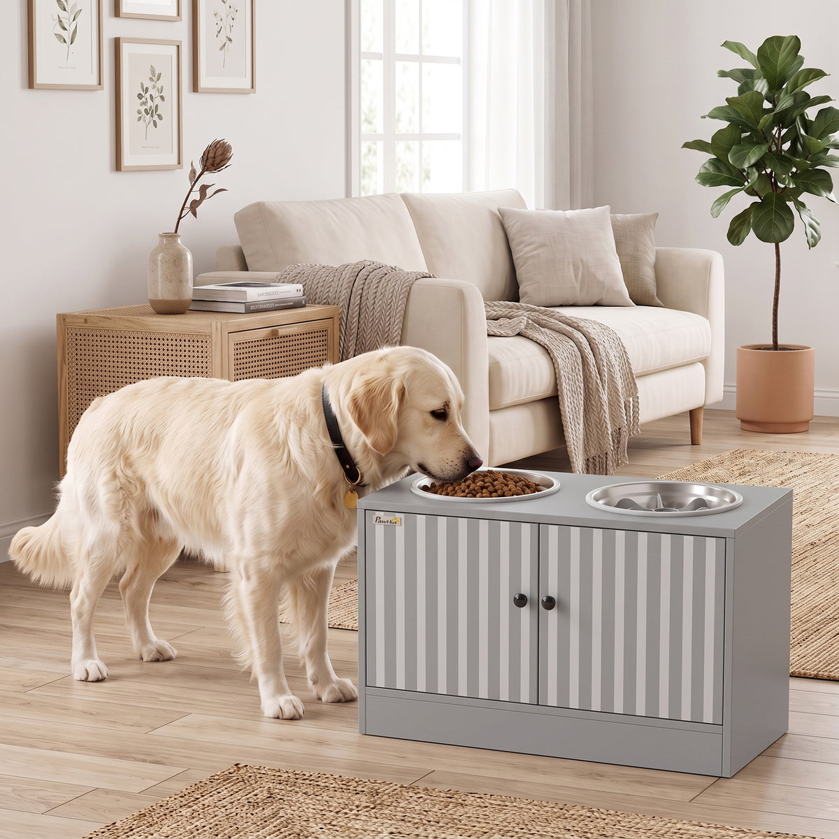 Elevated Dog Bowls with Storage Cabinet, Raised Dog Bowl Stand, Pet Feeding Station with Slow Feeder & Non-Slip, for Large Pets, Gray