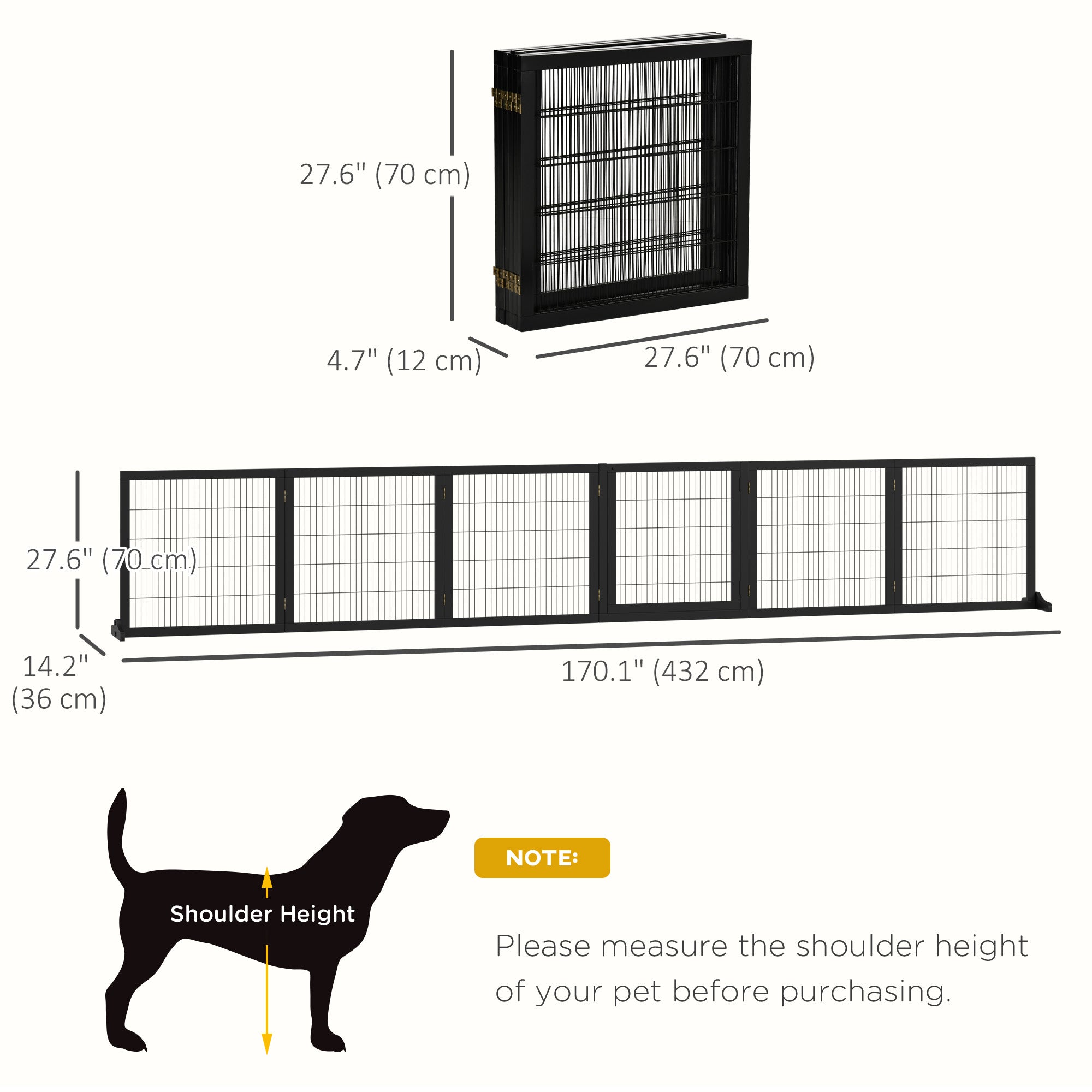 Wooden Pet Gate, Dog Safety Barrier, Freestanding Foldable Fence, w/ 6 Panels, 2 Support Feet, for House Doorway Stairs, Small & Medium Dogs, Black