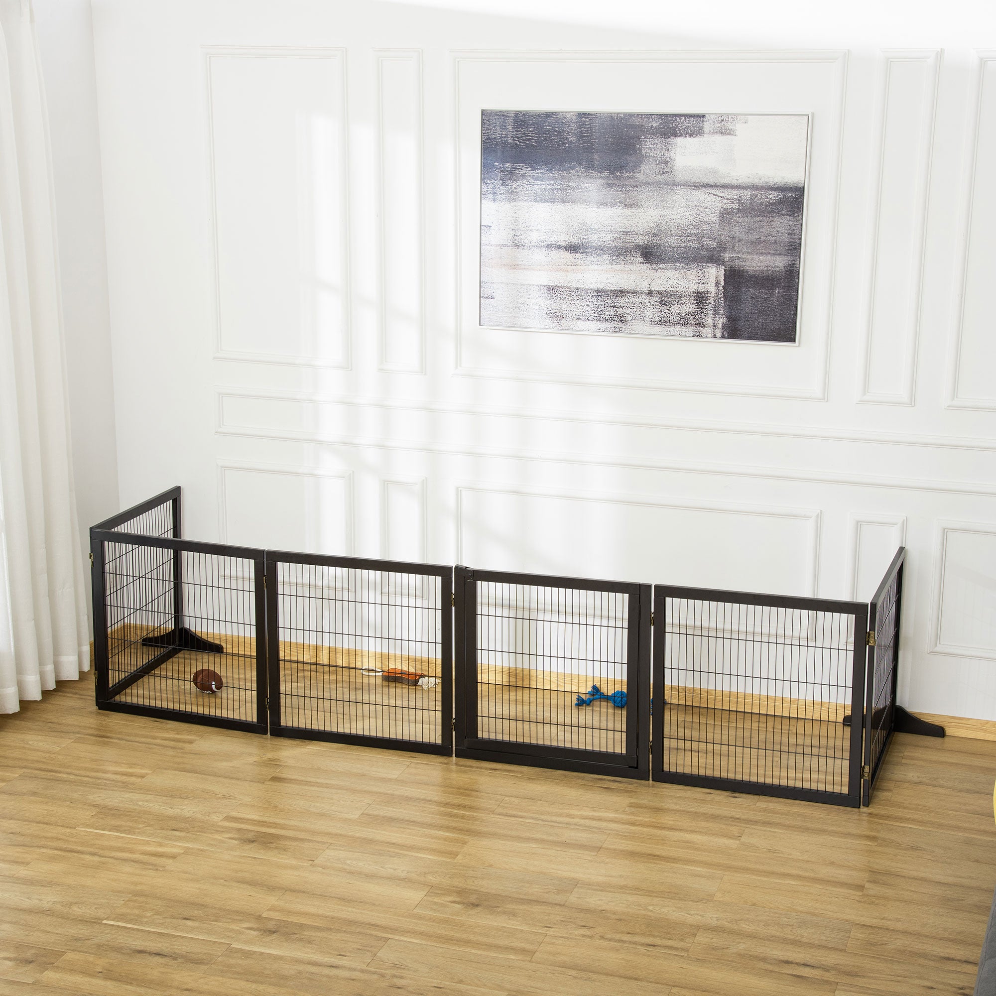 Wooden Pet Gate, Dog Safety Barrier, Freestanding Foldable Fence, w/ 6 Panels, 2 Support Feet, for House Doorway Stairs, Small & Medium Dogs, Black