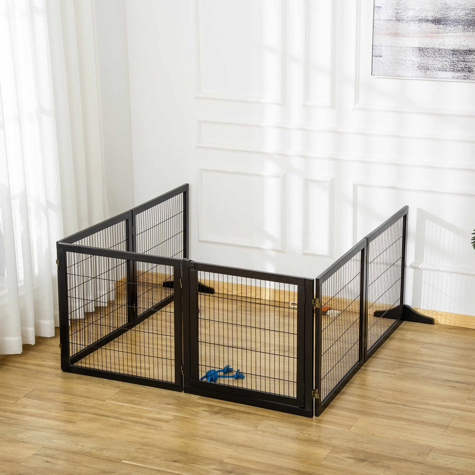 Wooden Pet Gate, Dog Safety Barrier, Freestanding Foldable Fence, w/ 6 Panels, 2 Support Feet, for House Doorway Stairs, Small & Medium Dogs, Black