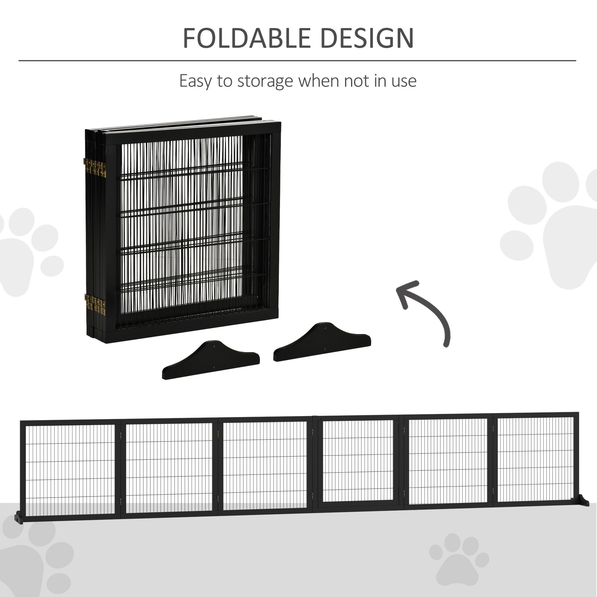 Wooden Pet Gate, Dog Safety Barrier, Freestanding Foldable Fence, w/ 6 Panels, 2 Support Feet, for House Doorway Stairs, Small & Medium Dogs, Black