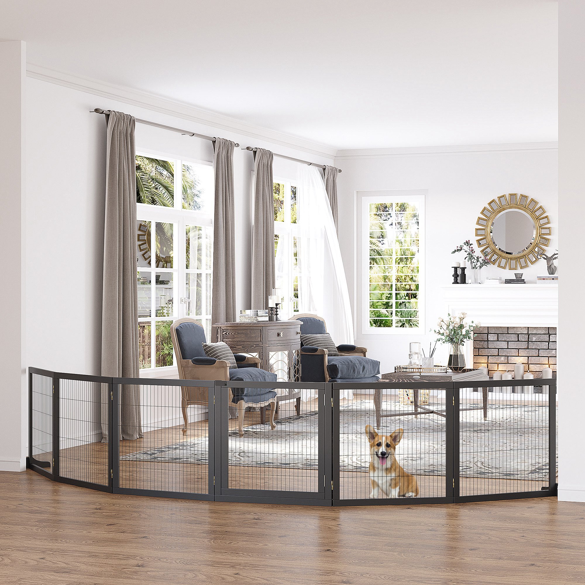 Wooden Pet Gate, Dog Safety Barrier, Freestanding Foldable Fence, w/ 6 Panels, 2 Support Feet, for House Doorway Stairs, Small & Medium Dogs, Black