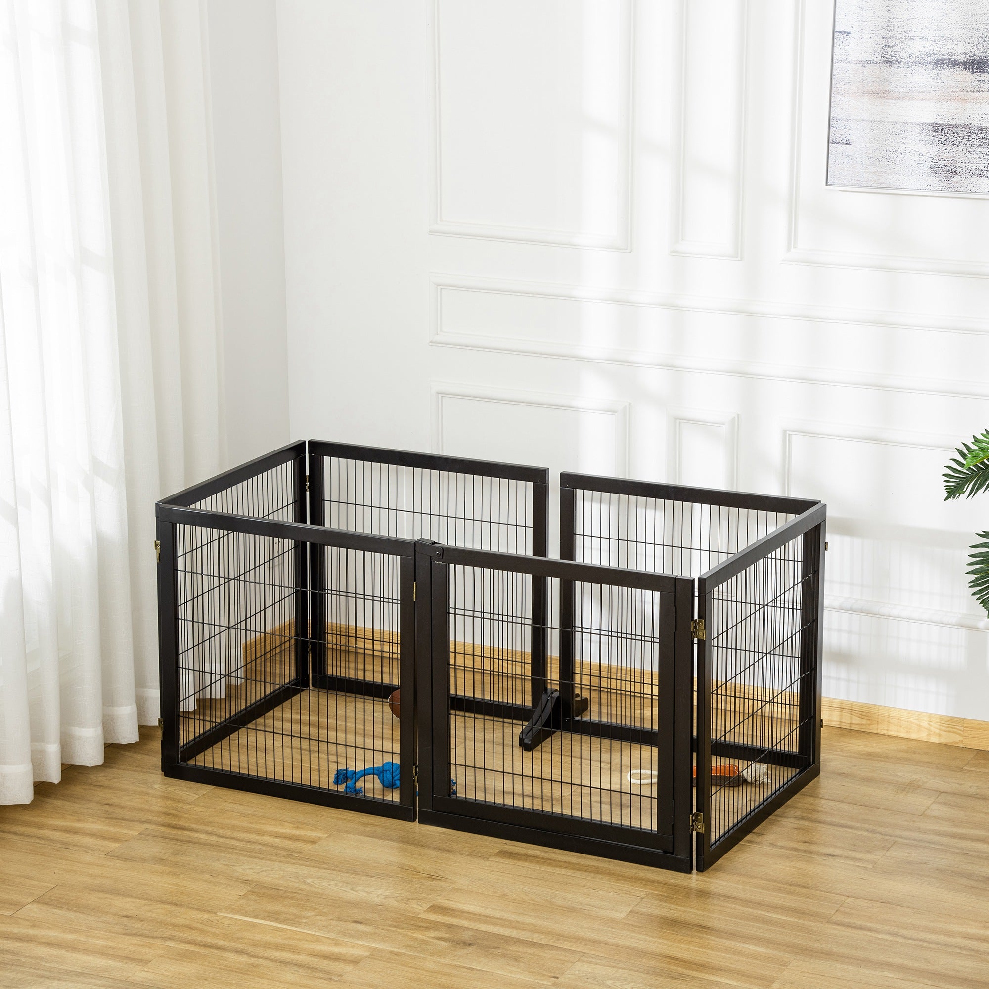 Wooden Pet Gate, Dog Safety Barrier, Freestanding Foldable Fence, w/ 6 Panels, 2 Support Feet, for House Doorway Stairs, Small & Medium Dogs, Black