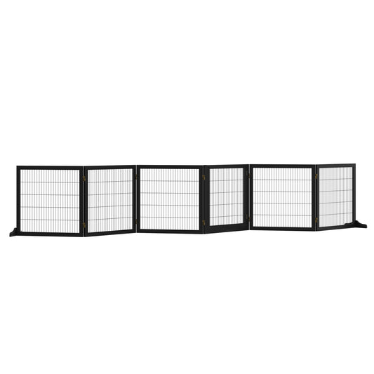 Wooden Pet Gate, Dog Safety Barrier, Freestanding Foldable Fence, w/ 6 Panels, 2 Support Feet, for House Doorway Stairs, Small & Medium Dogs, Black