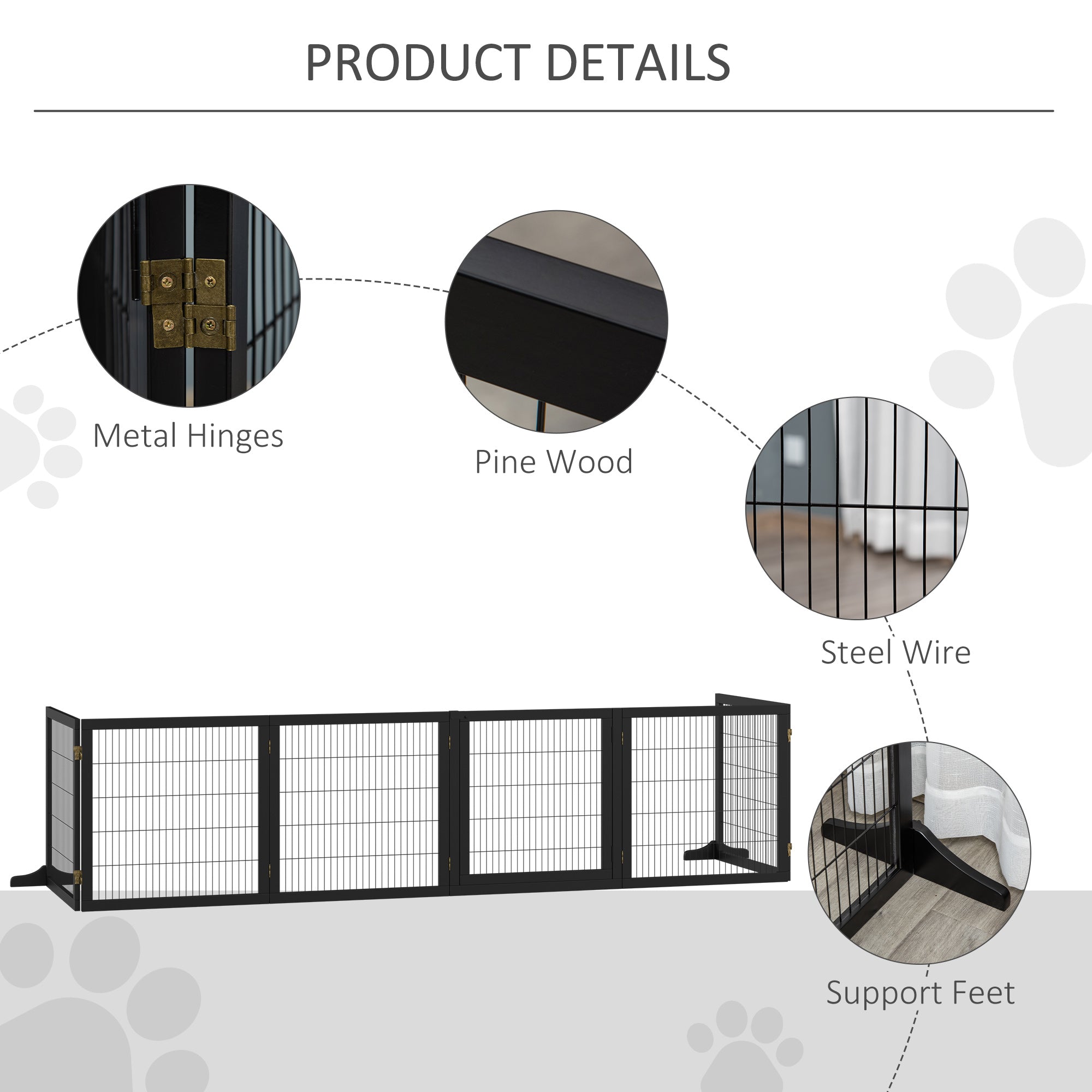 Wooden Pet Gate, Dog Safety Barrier, Freestanding Foldable Fence, w/ 6 Panels, 2 Support Feet, for House Doorway Stairs, Small & Medium Dogs, Black