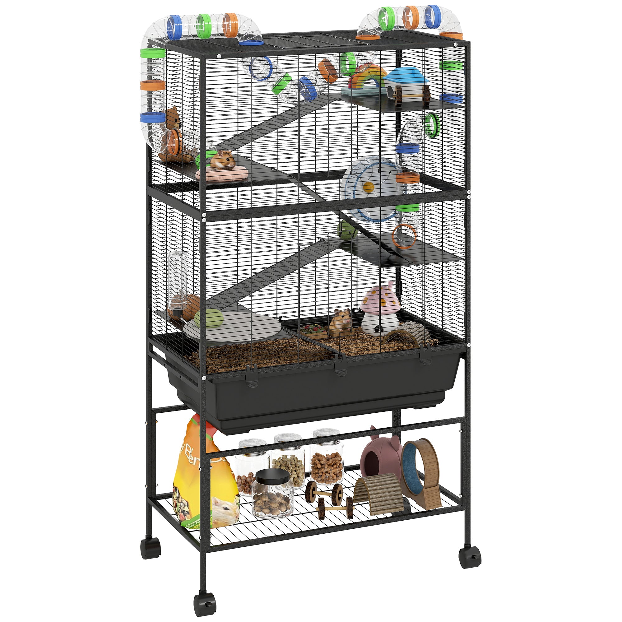 Hamster Cage, 5 Tier Large Gerbil Cage on Wheels with 17 cm Deep Tray, Storage Shelf, Big Exercise Wheel, Tube System, Hut, Platforms, Ramps, Food Dish, Water Bottle, for Syrian Hamsters, Rats