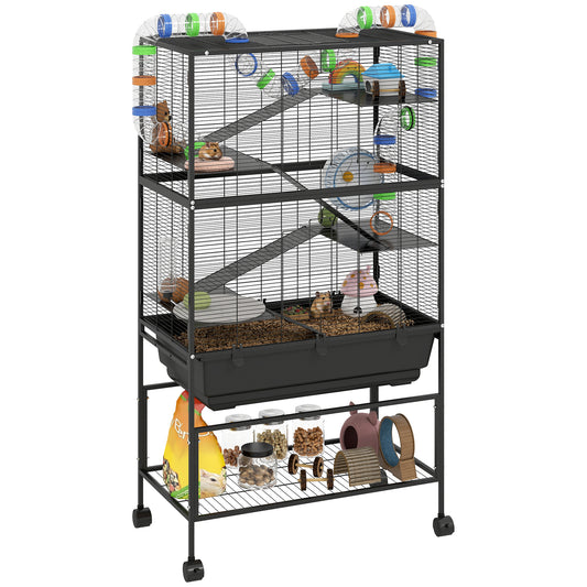 Hamster Cage, 5 Tier Large Gerbil Cage on Wheels with 17 cm Deep Tray, Storage Shelf, Big Exercise Wheel, Tube System, Hut, Platforms, Ramps, Food Dish, Water Bottle, for Syrian Hamsters, Rats