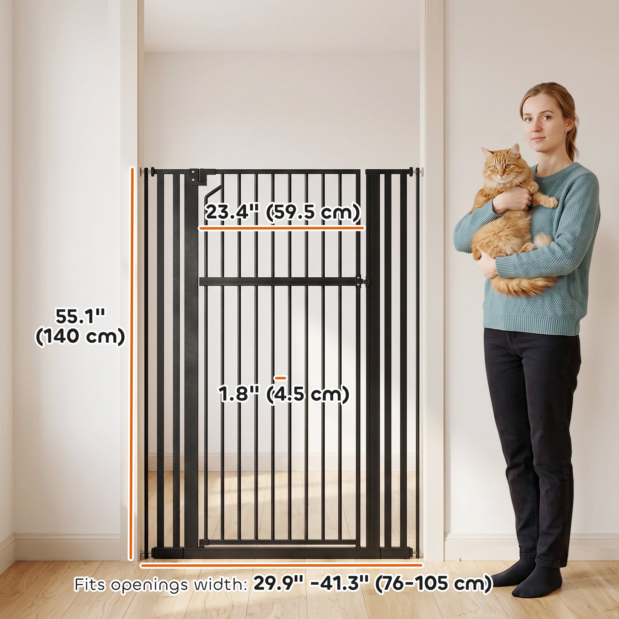 55" Extra Tall Pet Gate for Cats and Dogs, 30-41" Wide Adjustable Pressure Mounted Baby Gate for Doorways, Hallways, Stairs, Includes 2 Extensions, No Drilling, Auto Close