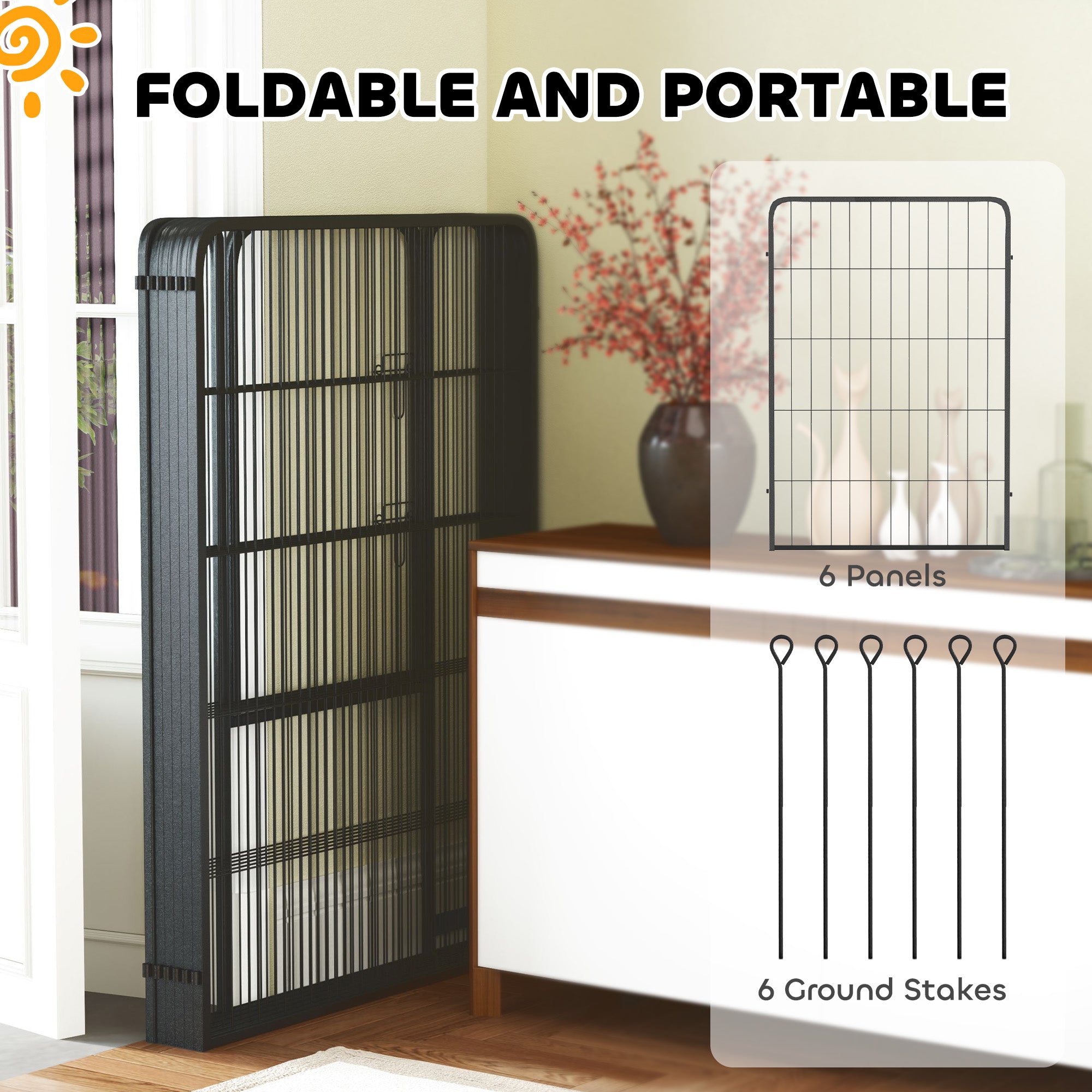 Dog Pen, 6 Panel Puppy Pen, Steel Dog Playpen, for Large Breeds, 100cm Tall, Black