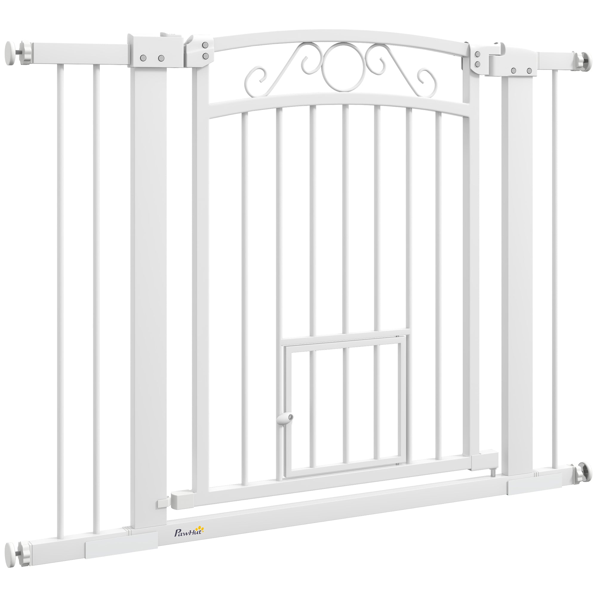 Dog Gate, Walk Through Pet Gate with Small Pet Door, Auto Close, for Doorways, House, Stair, 2 Extension Kits, Pressure Mount Kit, 30"-41" W x 30" H