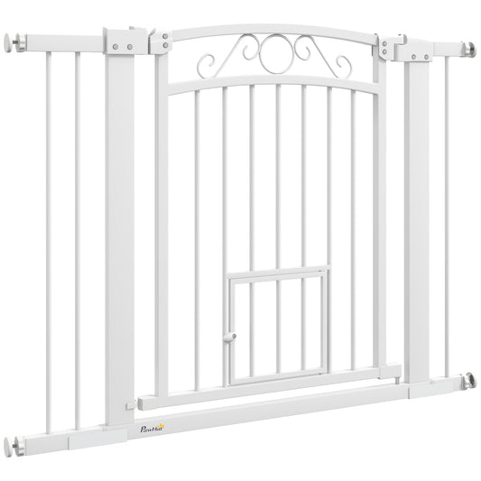 Dog Gate, Walk Through Pet Gate with Small Pet Door, Auto Close, for Doorways, House, Stair, 2 Extension Kits, Pressure Mount Kit, 30"-41" W x 30" H