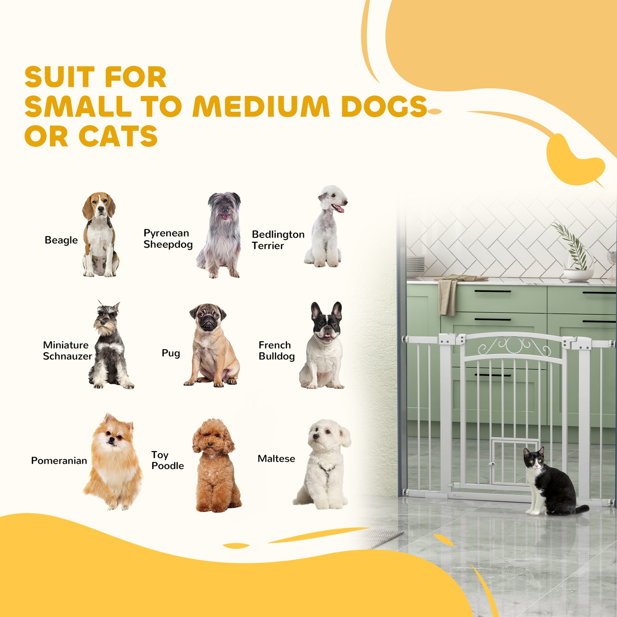 Dog Gate, Walk Through Pet Gate with Small Pet Door, Auto Close, for Doorways, House, Stair, 2 Extension Kits, Pressure Mount Kit, 30"-41" W x 30" H