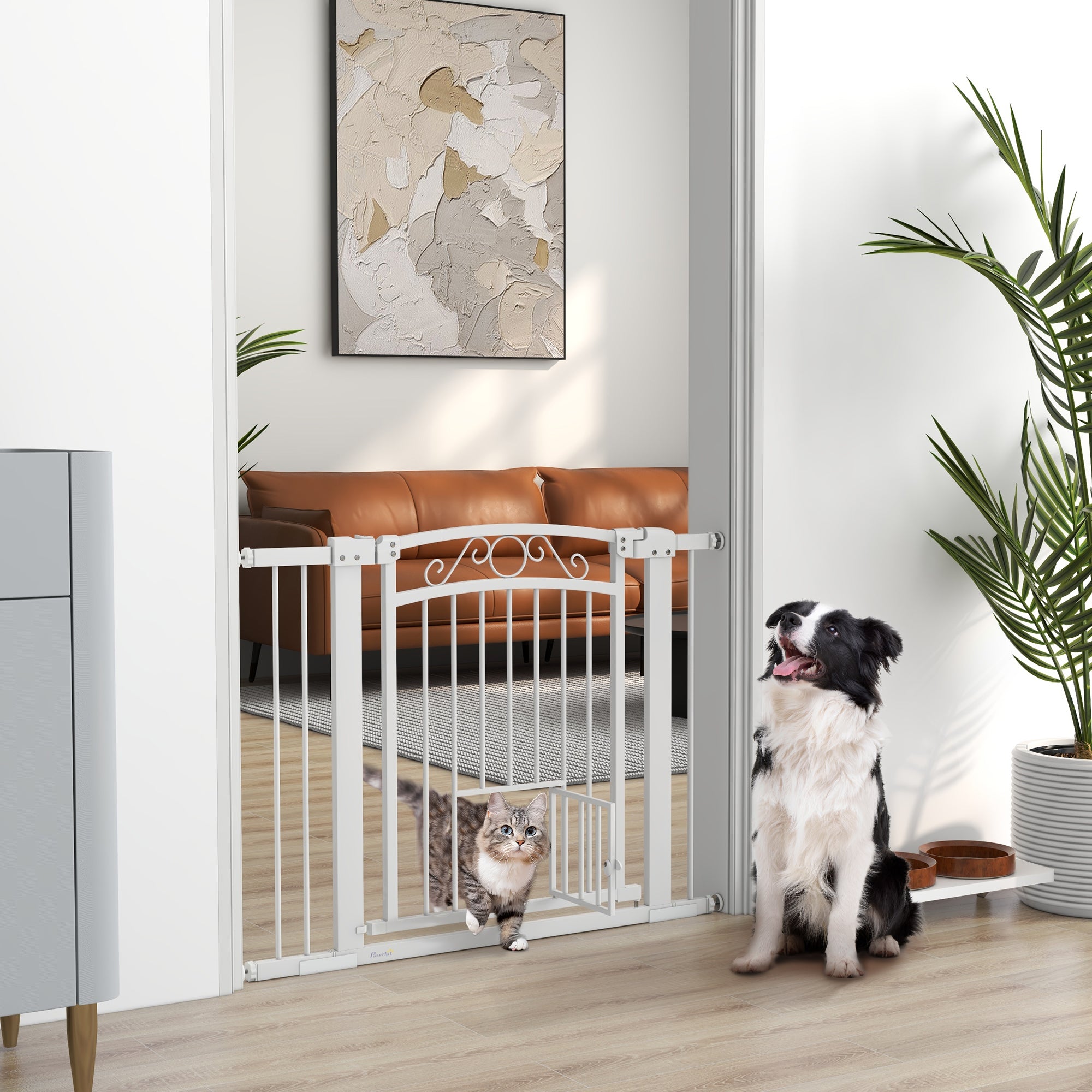 Dog Gate, Walk Through Pet Gate with Small Pet Door, Auto Close, for Doorways, House, Stair, 2 Extension Kits, Pressure Mount Kit, 30"-41" W x 30" H