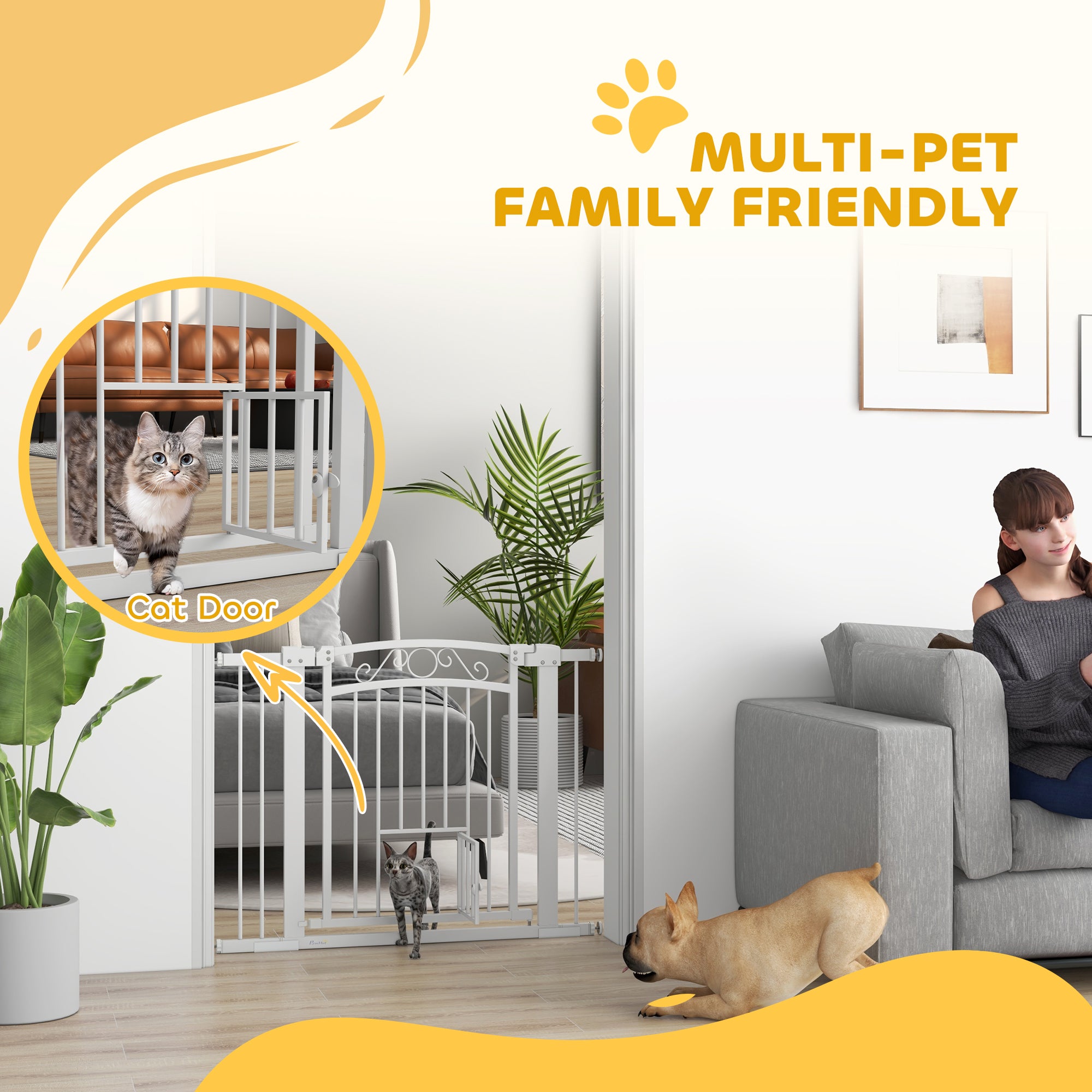 Dog Gate, Walk Through Pet Gate with Small Pet Door, Auto Close, for Doorways, House, Stair, 2 Extension Kits, Pressure Mount Kit, 30"-41" W x 30" H
