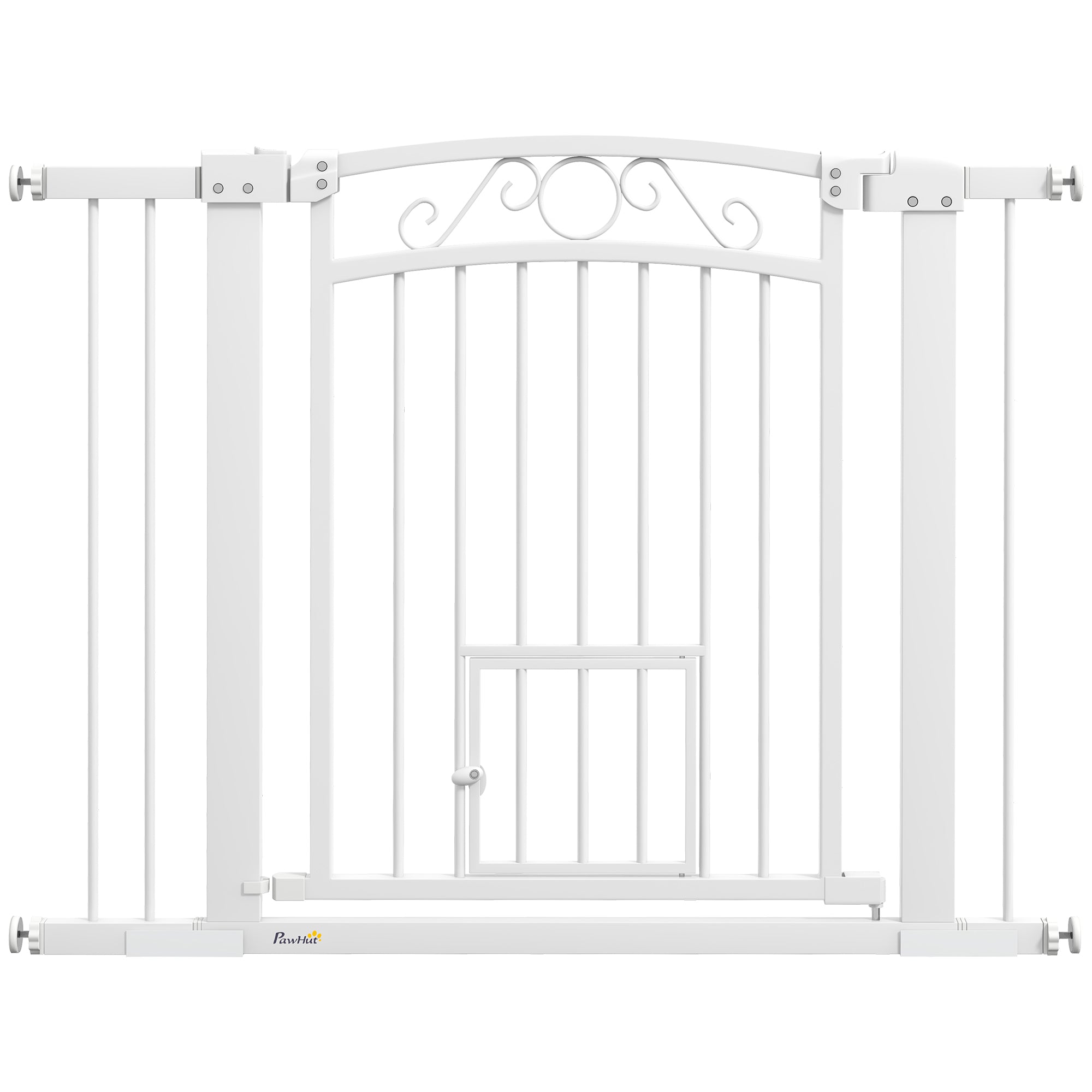 Dog Gate, Walk Through Pet Gate with Small Pet Door, Auto Close, for Doorways, House, Stair, 2 Extension Kits, Pressure Mount Kit, 30"-41" W x 30" H