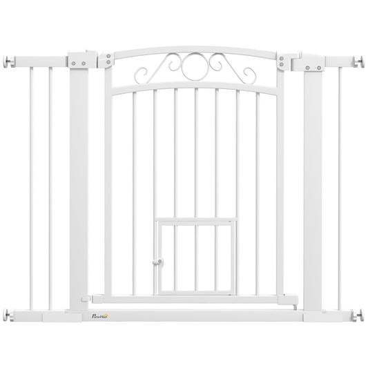 Dog Gate, Walk Through Pet Gate with Small Pet Door, Auto Close, for Doorways, House, Stair, 2 Extension Kits, Pressure Mount Kit, 30"-41" W x 30" H