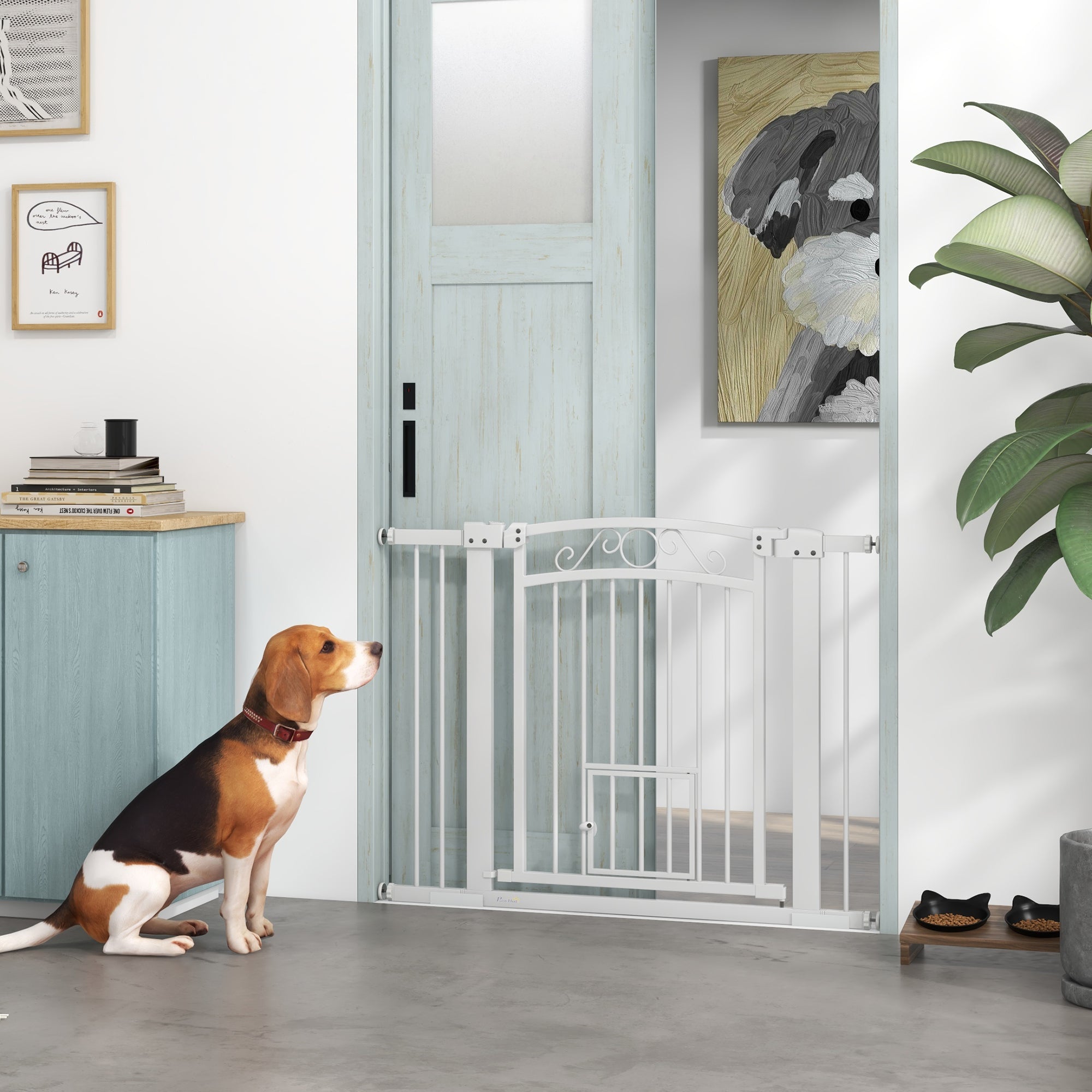 Dog Gate, Walk Through Pet Gate with Small Pet Door, Auto Close, for Doorways, House, Stair, 2 Extension Kits, Pressure Mount Kit, 30"-41" W x 30" H