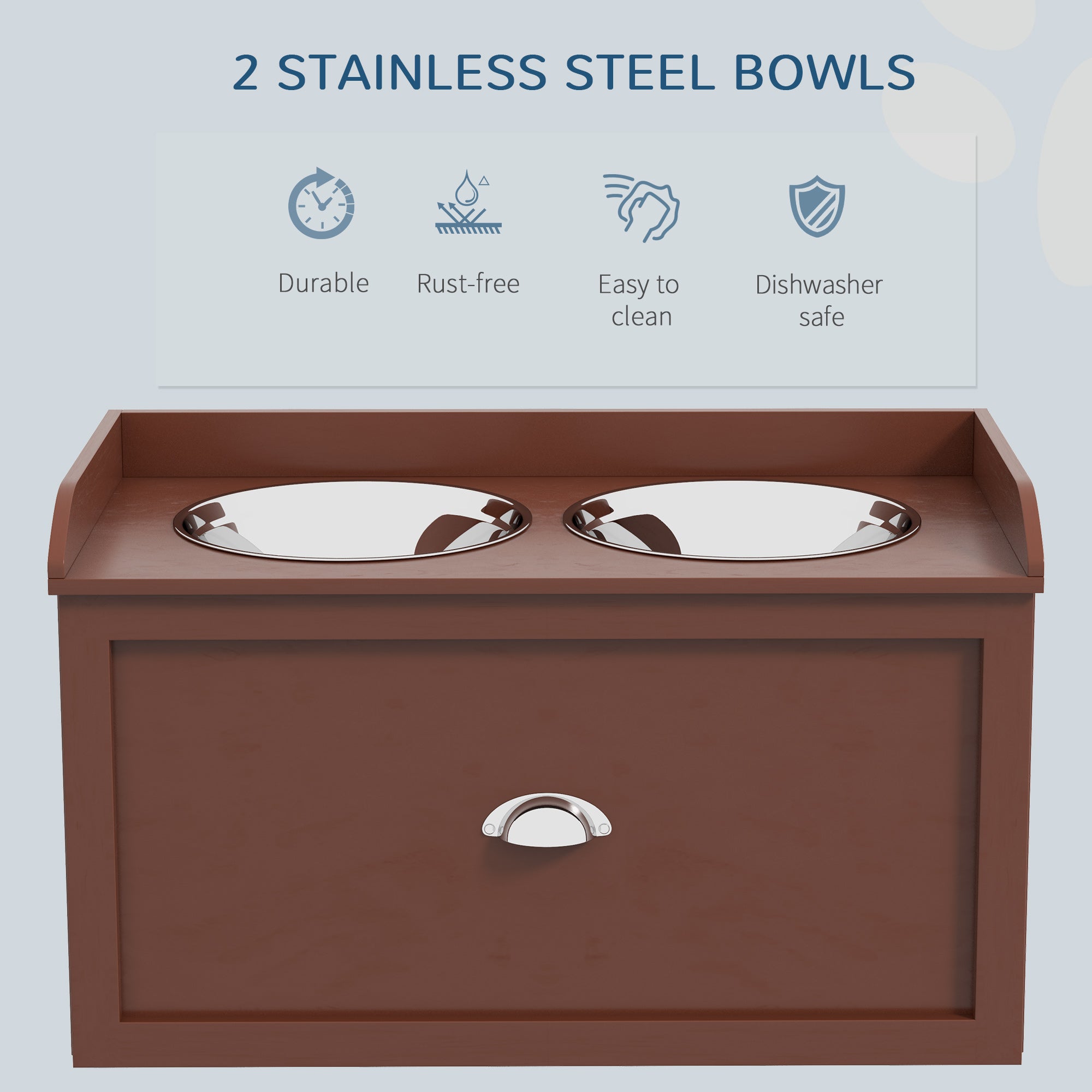 Elevated Dog Bowls for Large Dogs, Raised Pet Feeding Station with 2 Stainless Steel Bowls, Hidden Storage Drawer, Wood Stand for Cats, Brown
