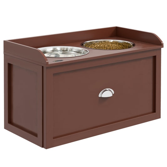 Elevated Dog Bowls for Large Dogs, Raised Pet Feeding Station with 2 Stainless Steel Bowls, Hidden Storage Drawer, Wood Stand for Cats, Brown