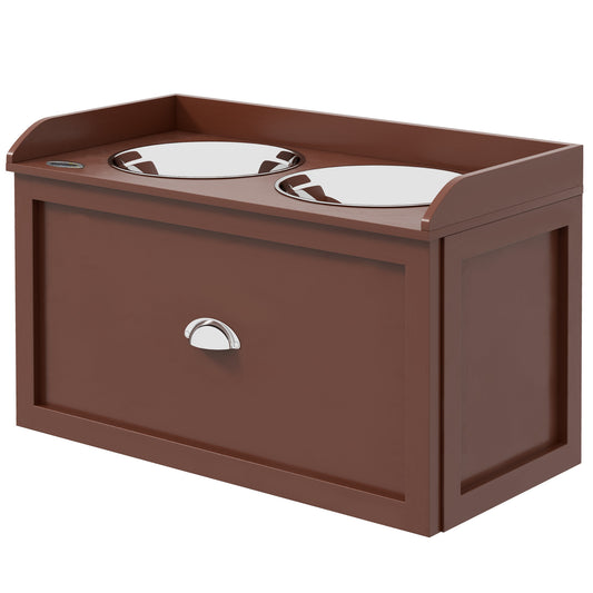 Elevated Dog Bowls for Large Dogs, Raised Pet Feeding Station with 2 Stainless Steel Bowls, Hidden Storage Drawer, Wood Stand for Cats, Brown