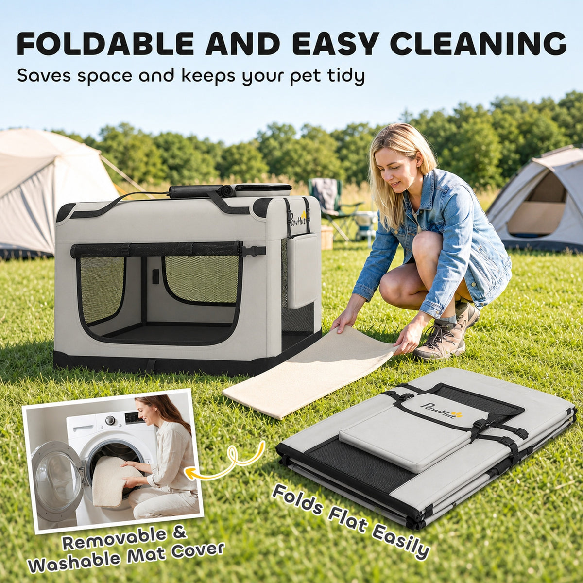 Pet Carrier Bag, Soft-Sided Dog Carrier for Extra Large Dogs, Portable Pet Travel Bag with Security Buckle Strap, Mesh Windows, Washable Cushion and Bowl, Light Grey