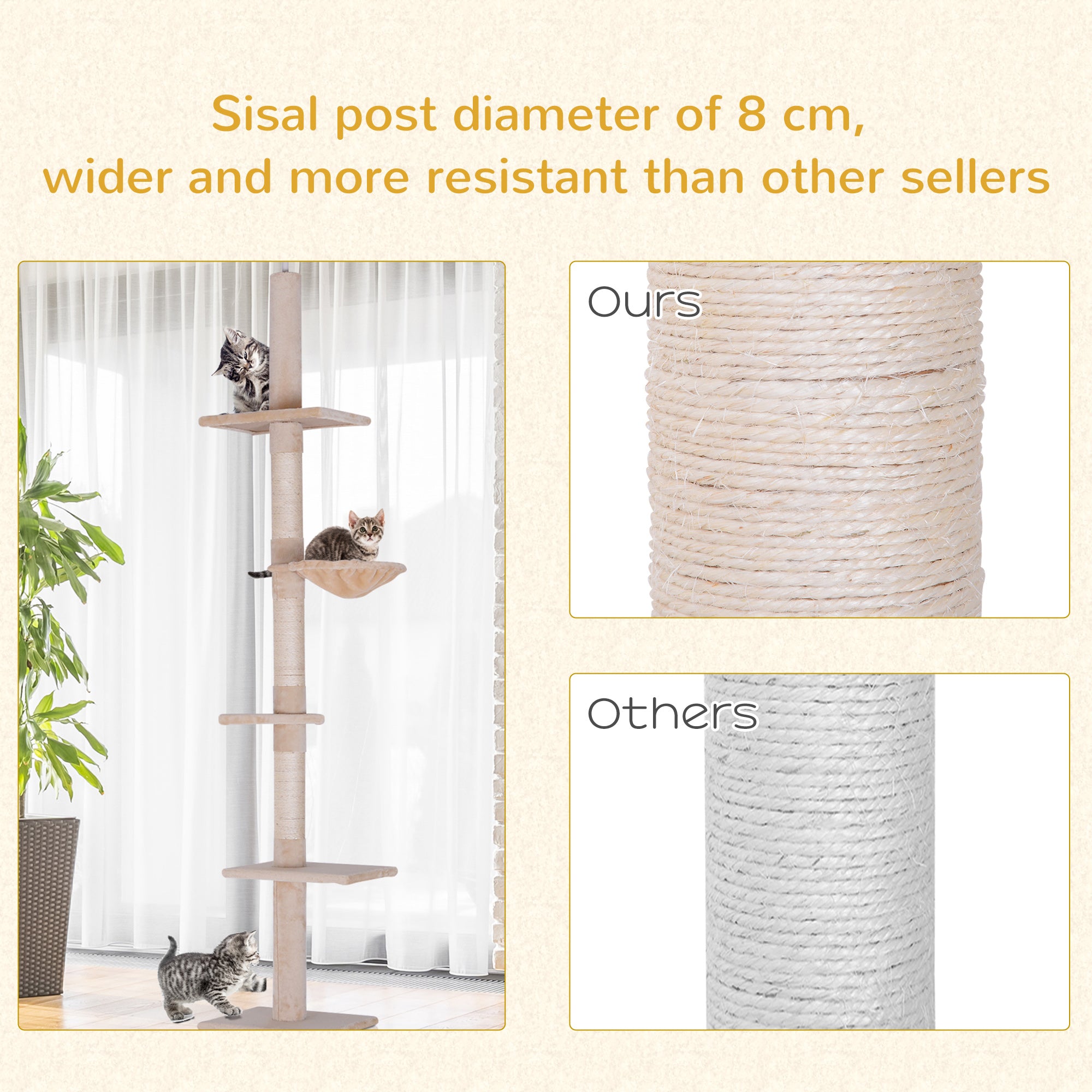 8.5ft Cat Climbing Tree 5-Tier Kitty Activity Center Floor-to-Ceiling Cat Climber Toy with Scratching Post Play Rest Post Pet Furniture Beige