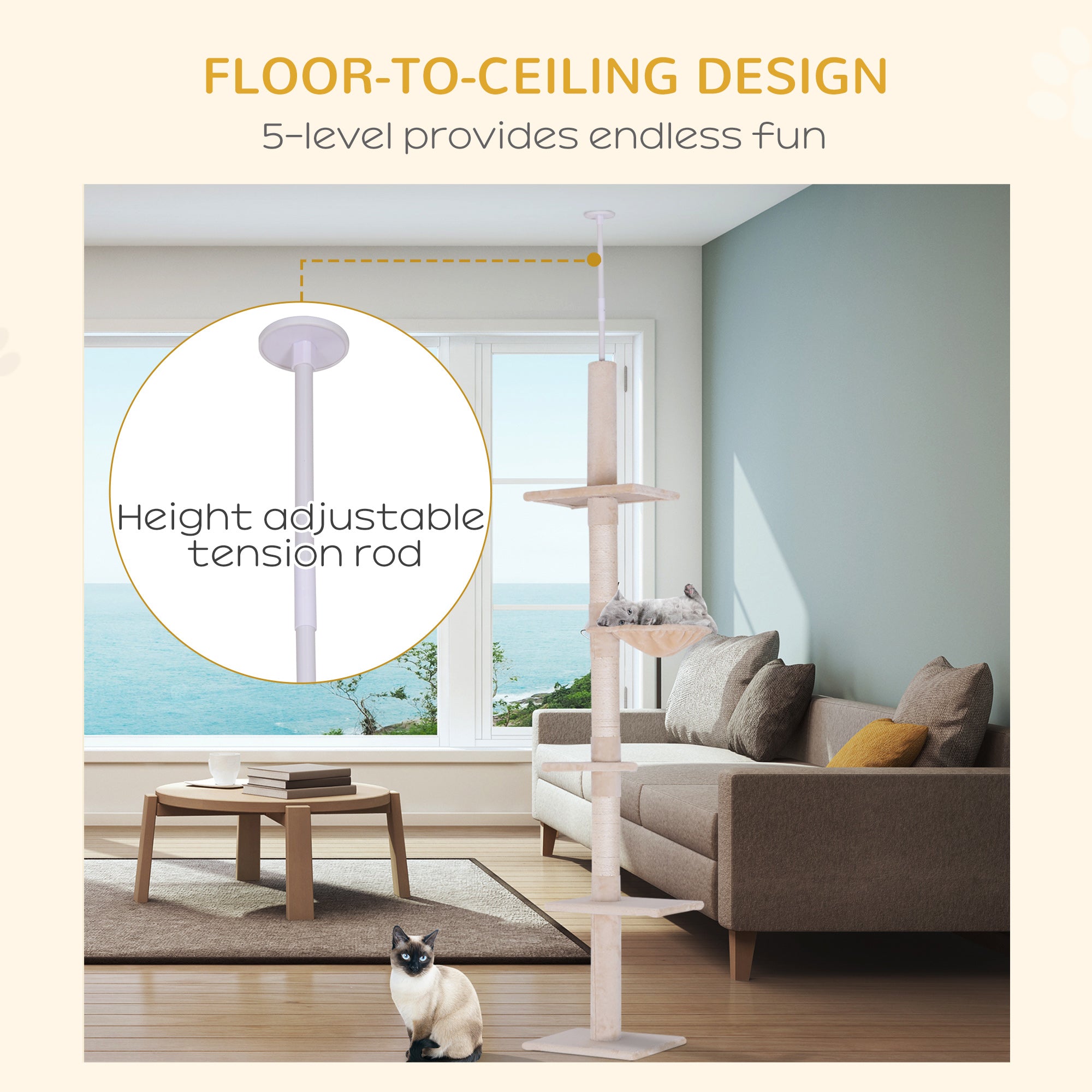 8.5ft Cat Climbing Tree 5-Tier Kitty Activity Center Floor-to-Ceiling Cat Climber Toy with Scratching Post Play Rest Post Pet Furniture Beige