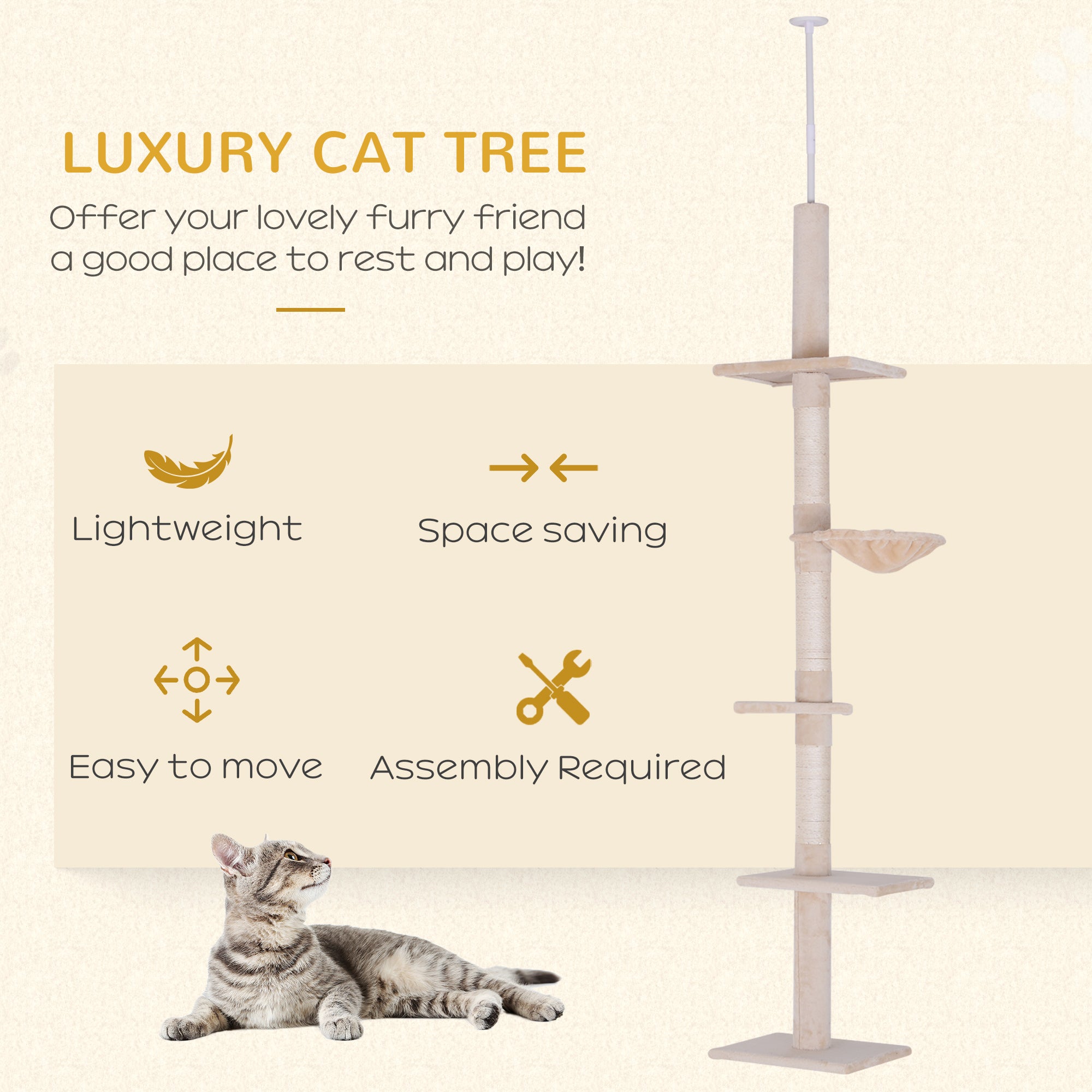 8.5ft Cat Climbing Tree 5-Tier Kitty Activity Center Floor-to-Ceiling Cat Climber Toy with Scratching Post Play Rest Post Pet Furniture Beige