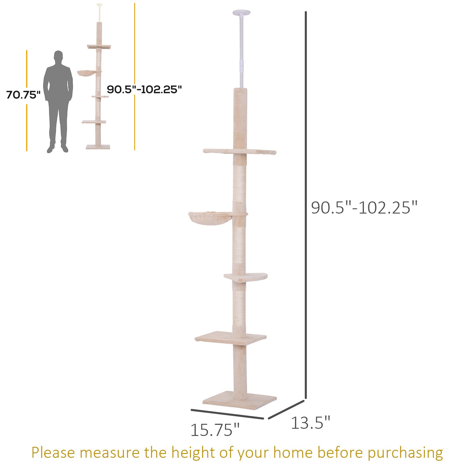 8.5ft Cat Climbing Tree 5-Tier Kitty Activity Center Floor-to-Ceiling Cat Climber Toy with Scratching Post Play Rest Post Pet Furniture Beige