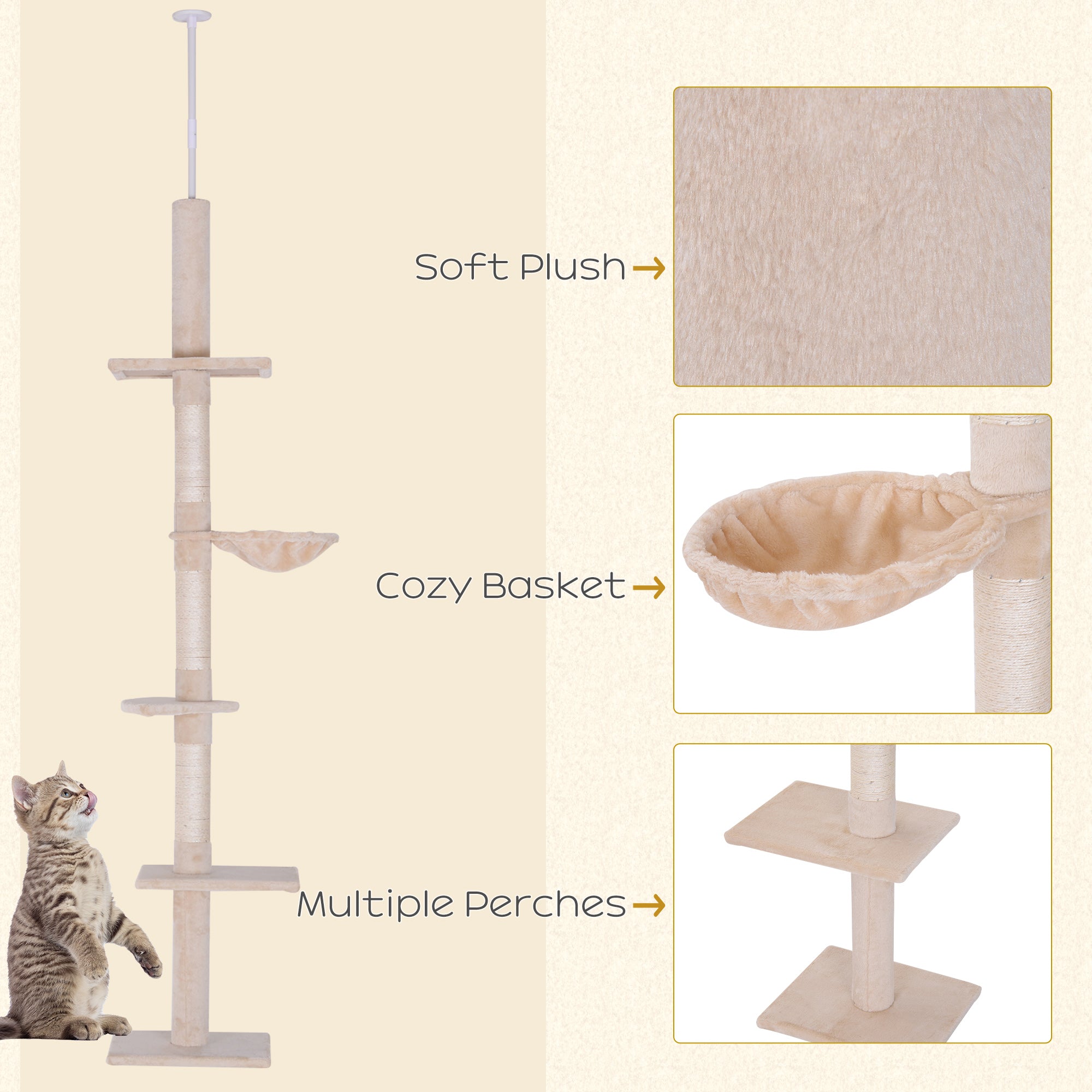 8.5ft Cat Climbing Tree 5-Tier Kitty Activity Center Floor-to-Ceiling Cat Climber Toy with Scratching Post Play Rest Post Pet Furniture Beige