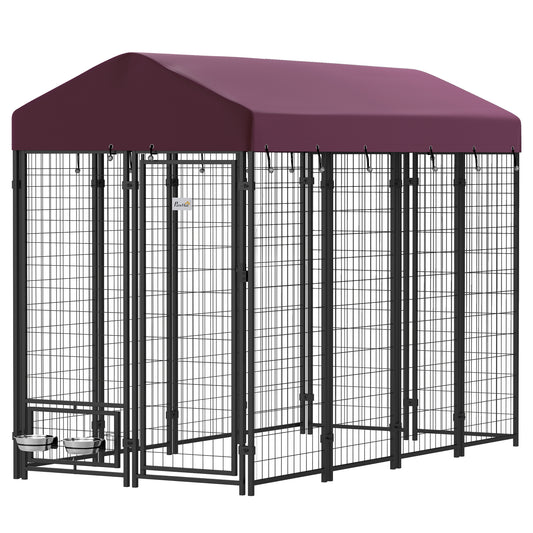 PawHut 8' x 4' x 6' Outdoor Dog Kennel, Dog Playpen with Rotating Bowl Holders, Walk-in Heavy Duty Dog Cage with Waterproof UV Protection Cover, Red