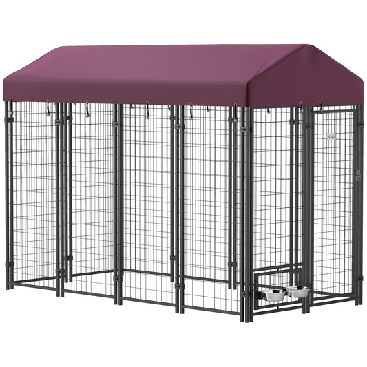 PawHut 8' x 4' x 6' Outdoor Dog Kennel, Dog Playpen with Rotating Bowl Holders, Walk-in Heavy Duty Dog Cage with Waterproof UV Protection Cover, Red