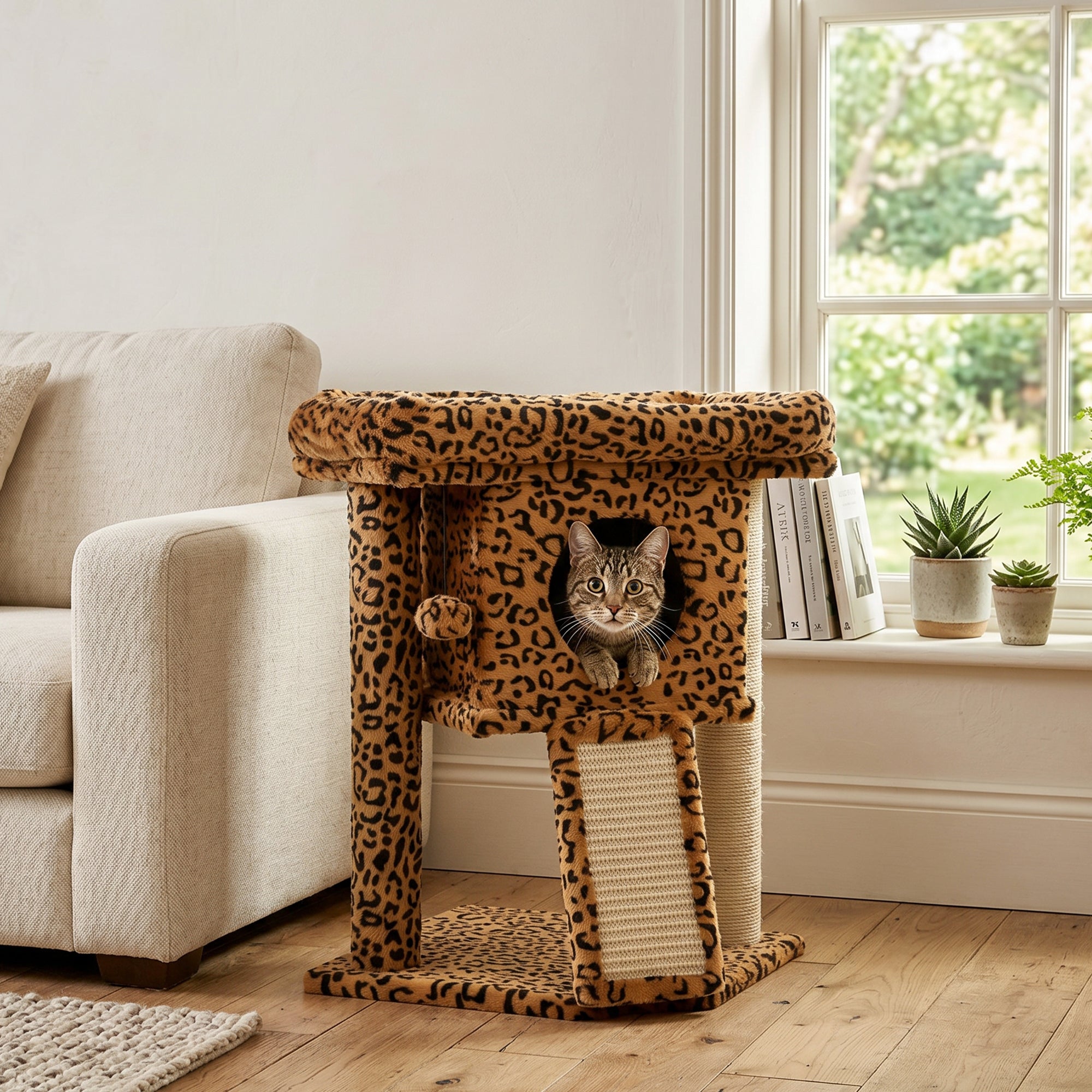Cat Tree, Small Cat Tower with Perch, Scratching Post, Pet Condo, Toy Ball for Kitty, Indoor Use, Leopard Print