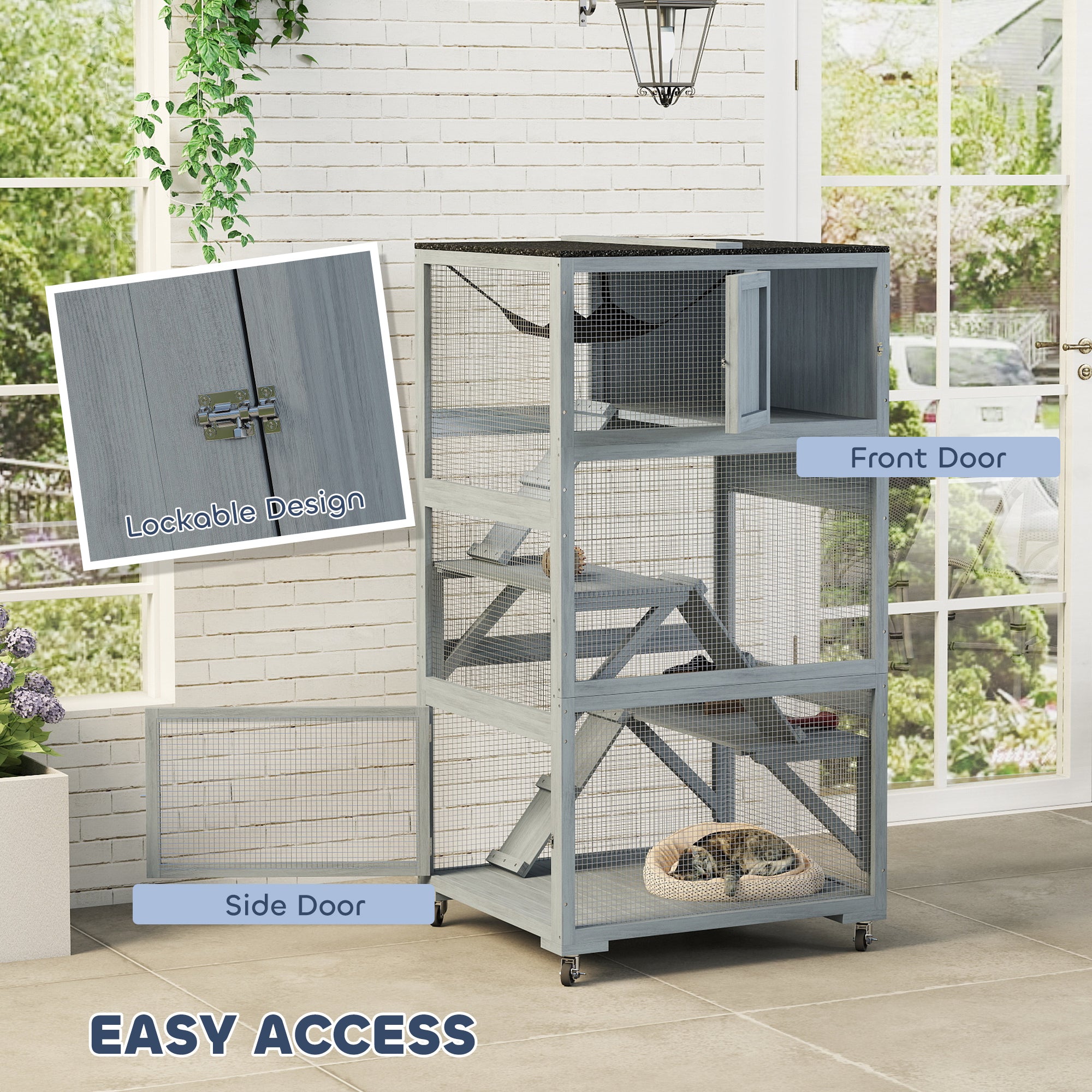 66"H Catio on Brake Wheel, Indoor Outdoor Cat Enclosure Cage with Weatherproof Roof Hammock Multiple Platforms Resting Condo Ramps Lockable Doors, for 1-3 Cats, Grey