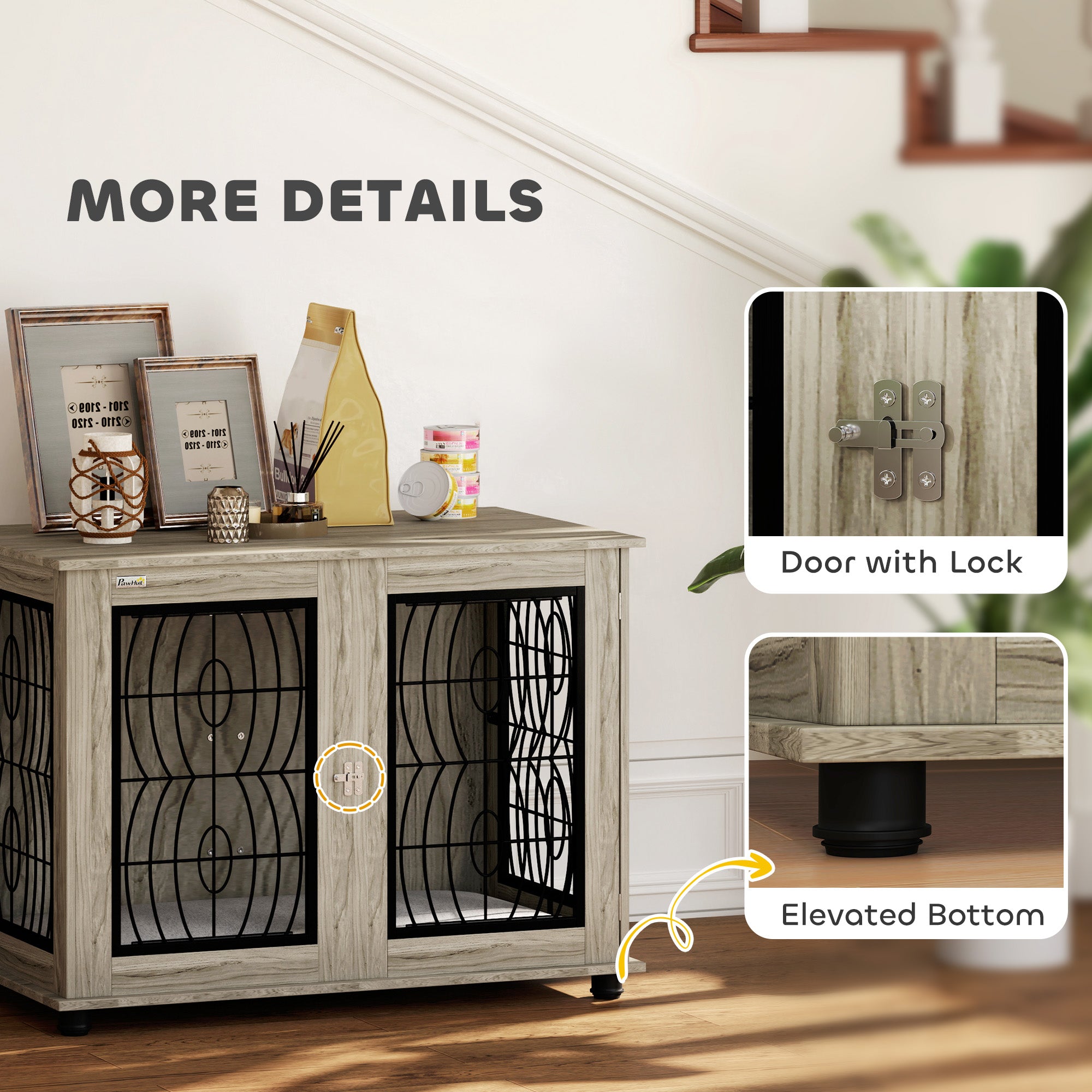 Dog Crate Furniture, Dog Cage with Soft Washable Cushion, Furniture-Style Pet Kennel Indoor House End Side Table for Small Medium Large Breeds, 100 x 60 x 73.5 cm, Grey