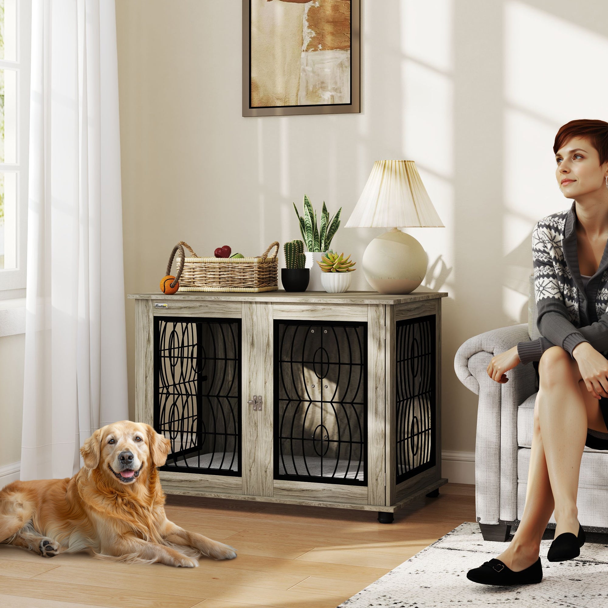 Dog Crate Furniture, Dog Cage with Soft Washable Cushion, Furniture-Style Pet Kennel Indoor House End Side Table for Small Medium Large Breeds, 100 x 60 x 73.5 cm, Grey