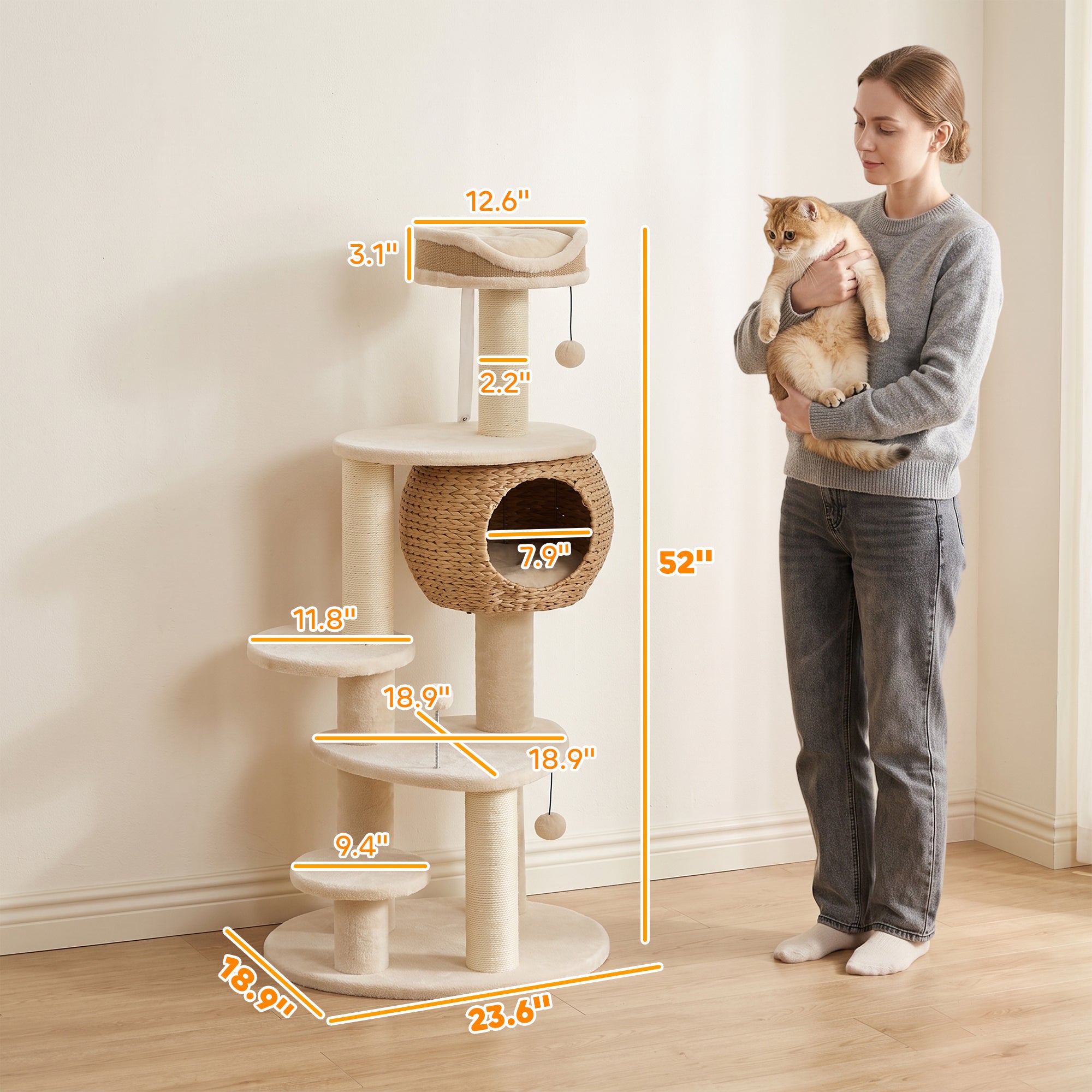 52" Cat Tree, Cat Tower for Indoor Kittens, Multi-Level Kitty Activity Center with Handwoven Cattail Condo, Bed, Platforms, 3 Scratching Posts and 3 Toy Balls, Beige