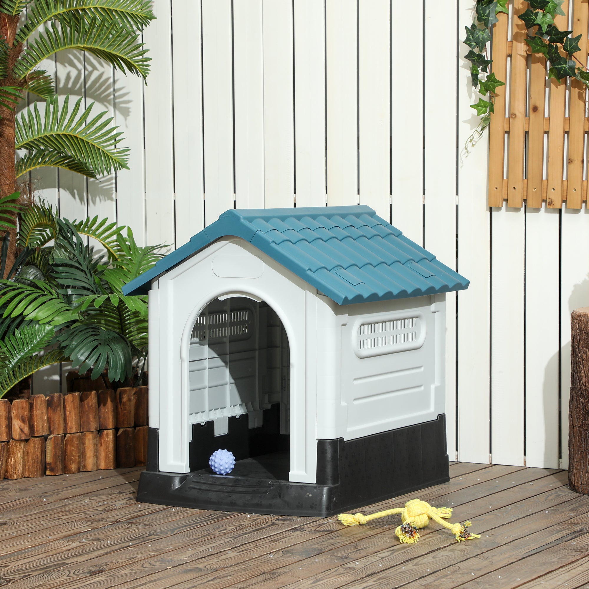 Dog Kennel for Outside, Plastic Dog House, Water-Resistant Pet Shelter with Windows, for Garden Patio, Miniature Dogs, 64.5 x 57 x 66cm - Blue