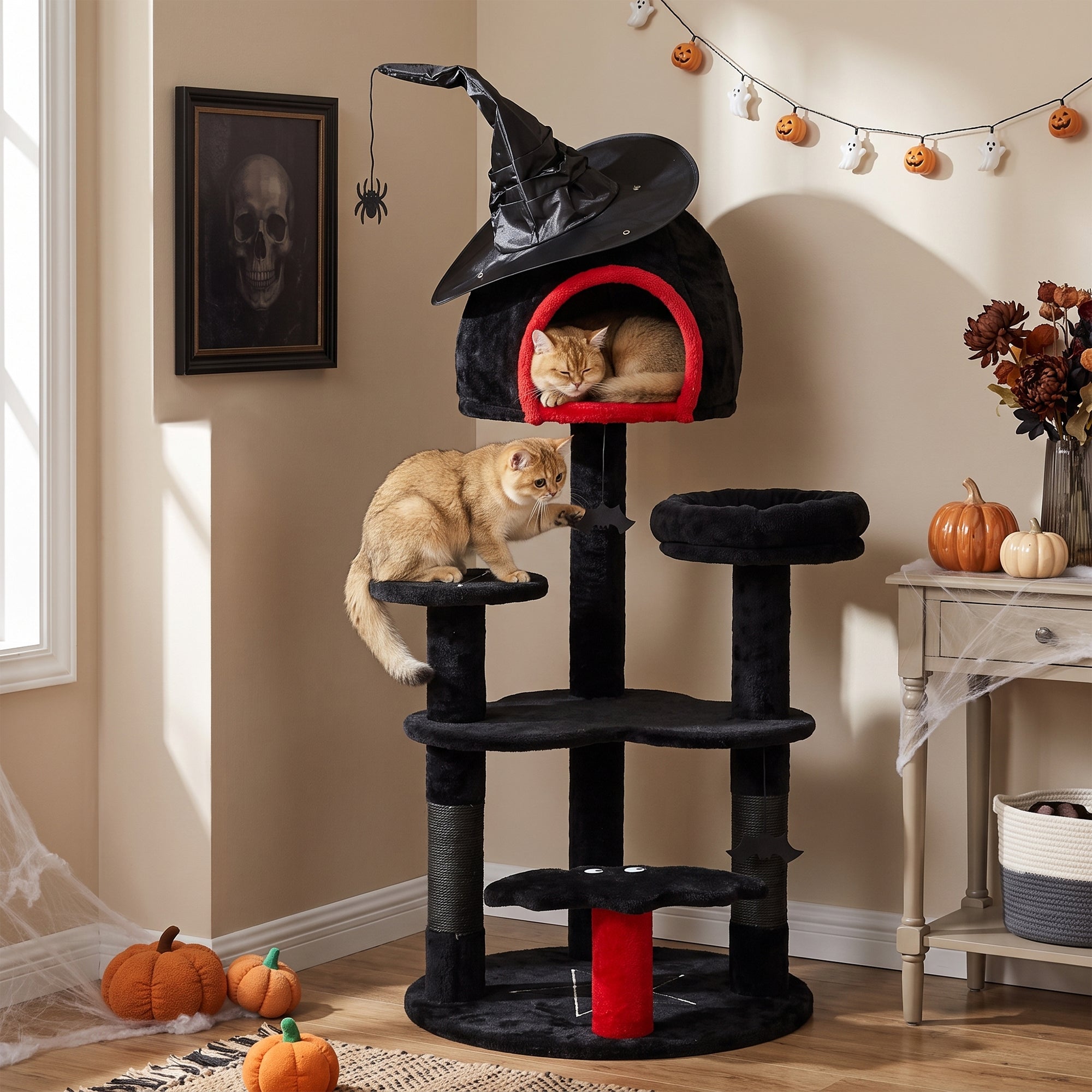 Gothic Cat Tree, 155cm Cat Tower for Indoor Kittens, Multi-Level Stable Kitten Activity Centre with Sisal Scratching Posts, Bed and Condo for Climbing, Playing, Relaxing, Black, Halloween