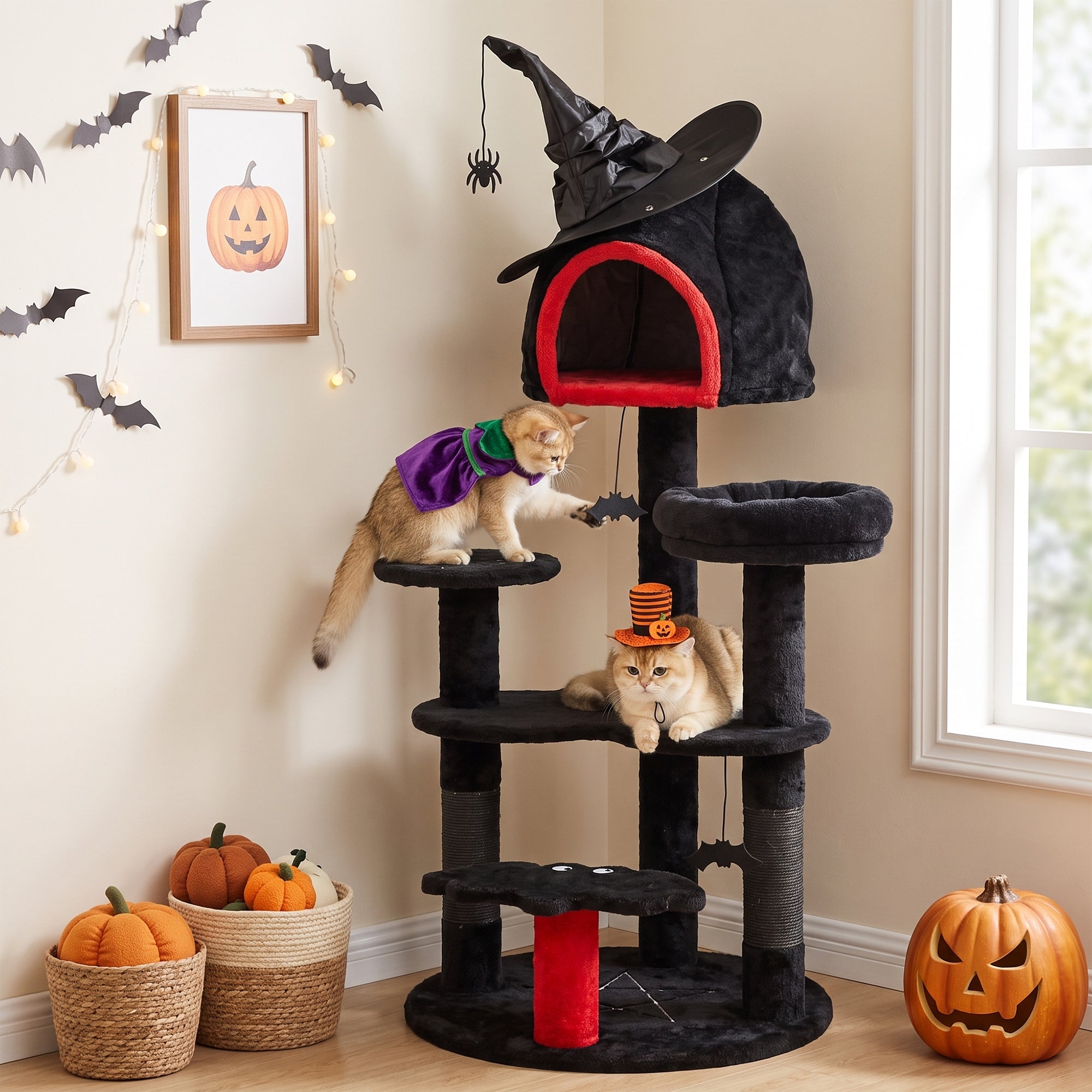 Gothic Cat Tree, 155cm Cat Tower for Indoor Kittens, Multi-Level Stable Kitten Activity Centre with Sisal Scratching Posts, Bed and Condo for Climbing, Playing, Relaxing, Black, Halloween