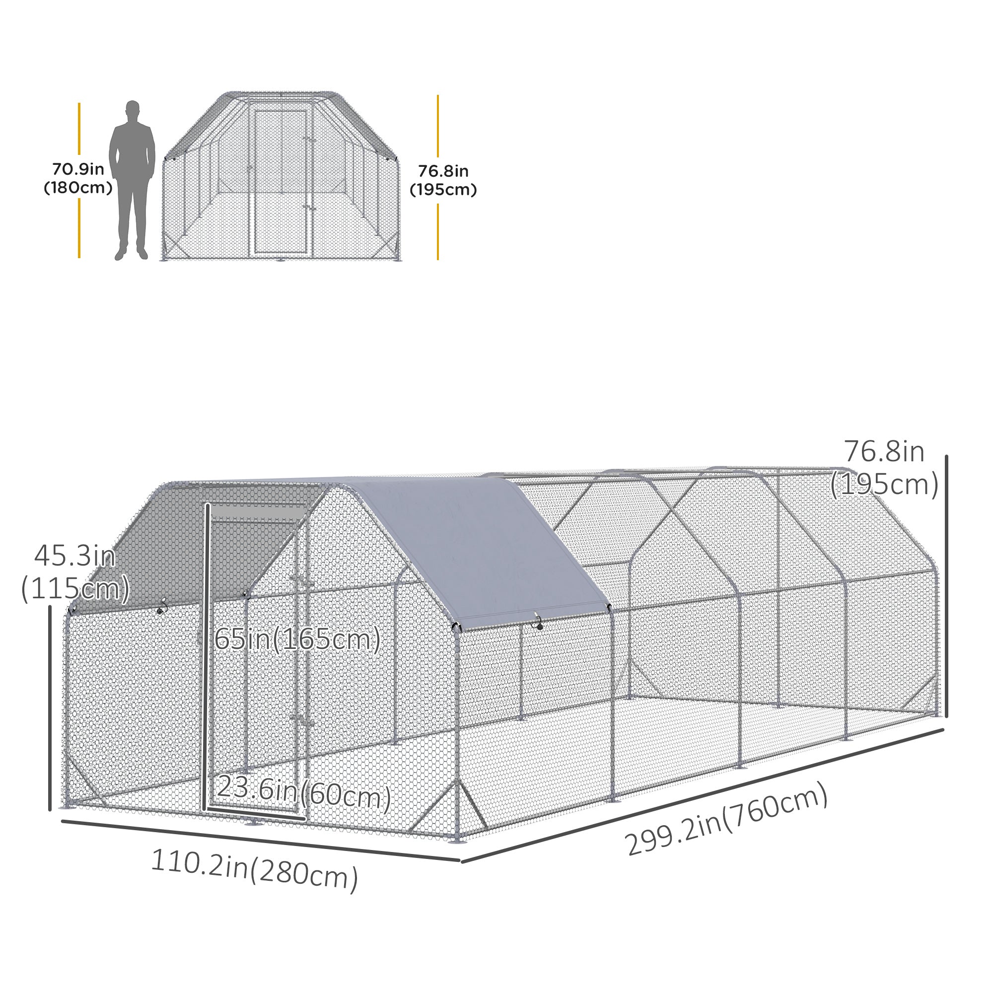 Chicken Run, Galvanized Large Metal Chicken Coop Cage, Walk-in Enclosure Poultry Hen Run House Playpen Rabbit Hutch with Flat Roof, Cover, for Outdoor Backyard, 9.2' x 24.9' x 6.5', Silver